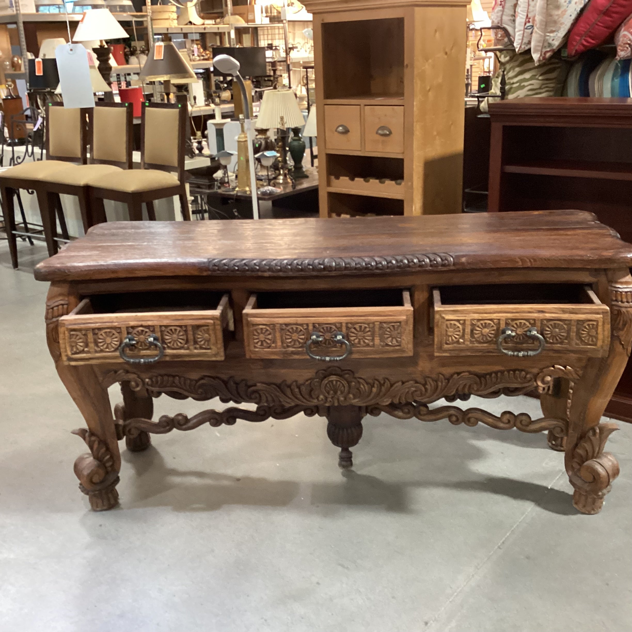 Rustic Western Hand Carved Solid Wood with Ornate Trestle 3 Drawer Accent Table 72"x 24"x 35.5"