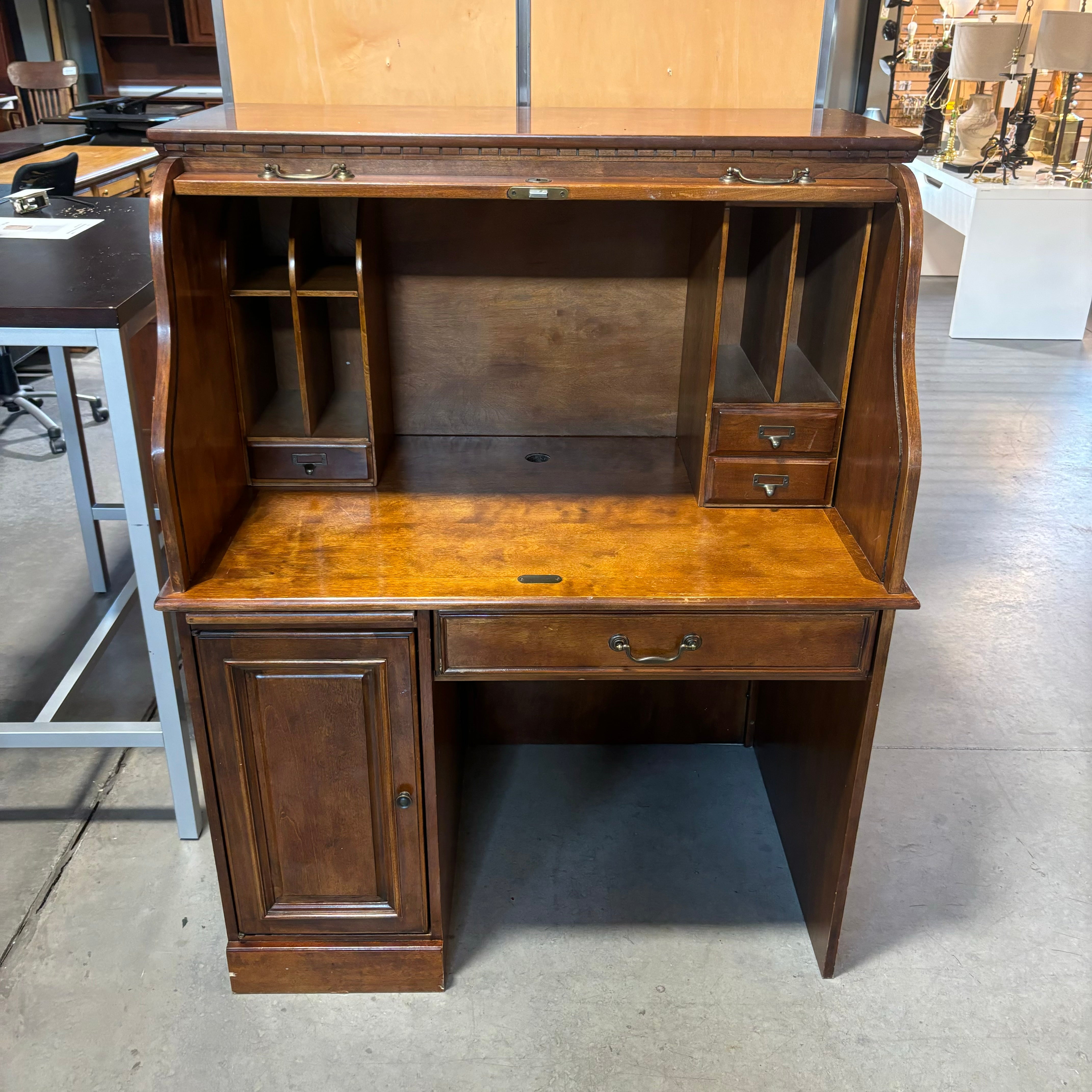 Dark Finish Wood 1 Door 2 Drawer & Pullout Surface Roll Top Desk 42.5"x 29"x 49"