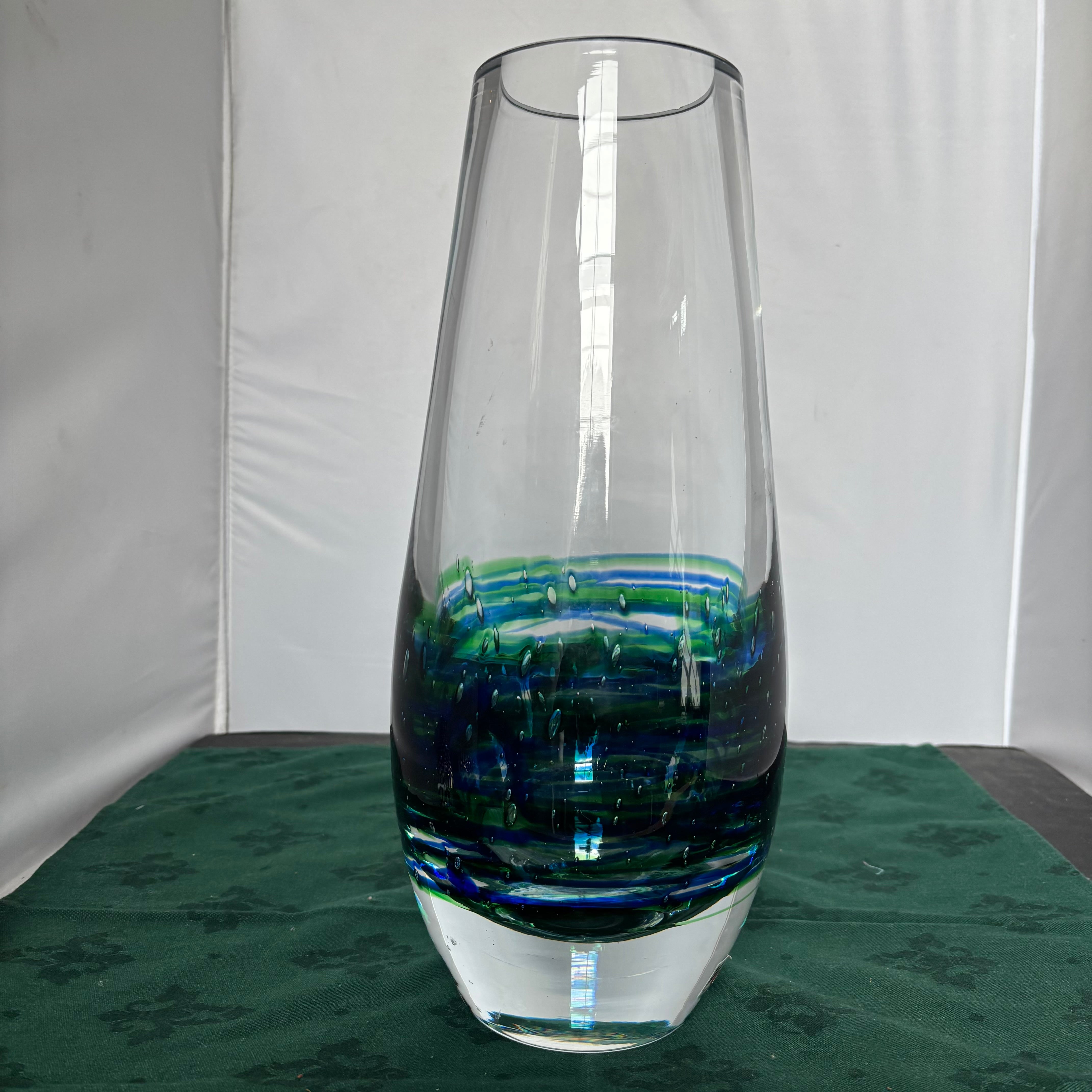 Vintage Handblown Blue/Green Art Glass Vase Signed By Artist, Svoboda, Czech Republic, 14"
