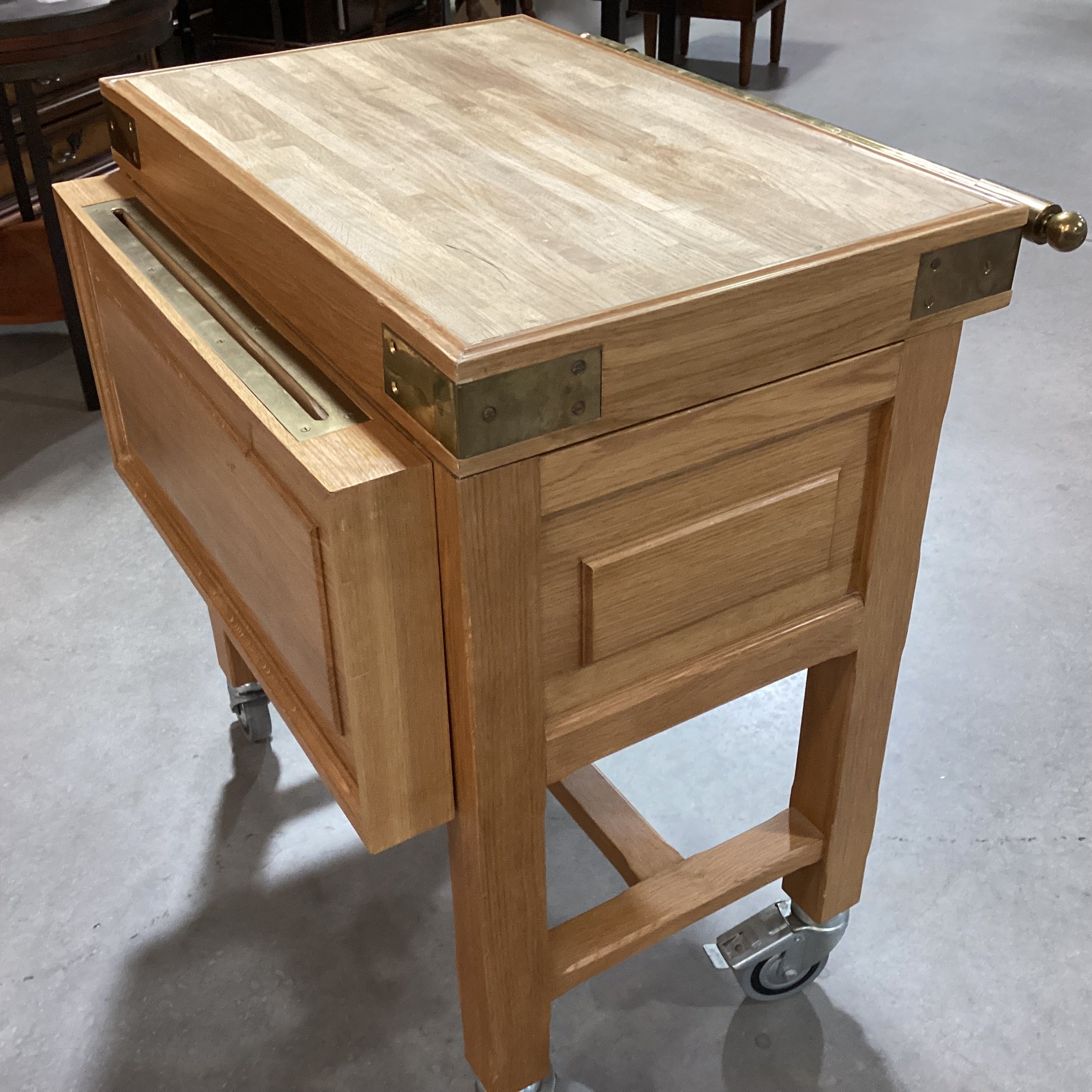 La Cornue Butcher Block & Brass on Casters 1 Drawer Cutting Board Island Buffet 28"x 25"x 32.5"