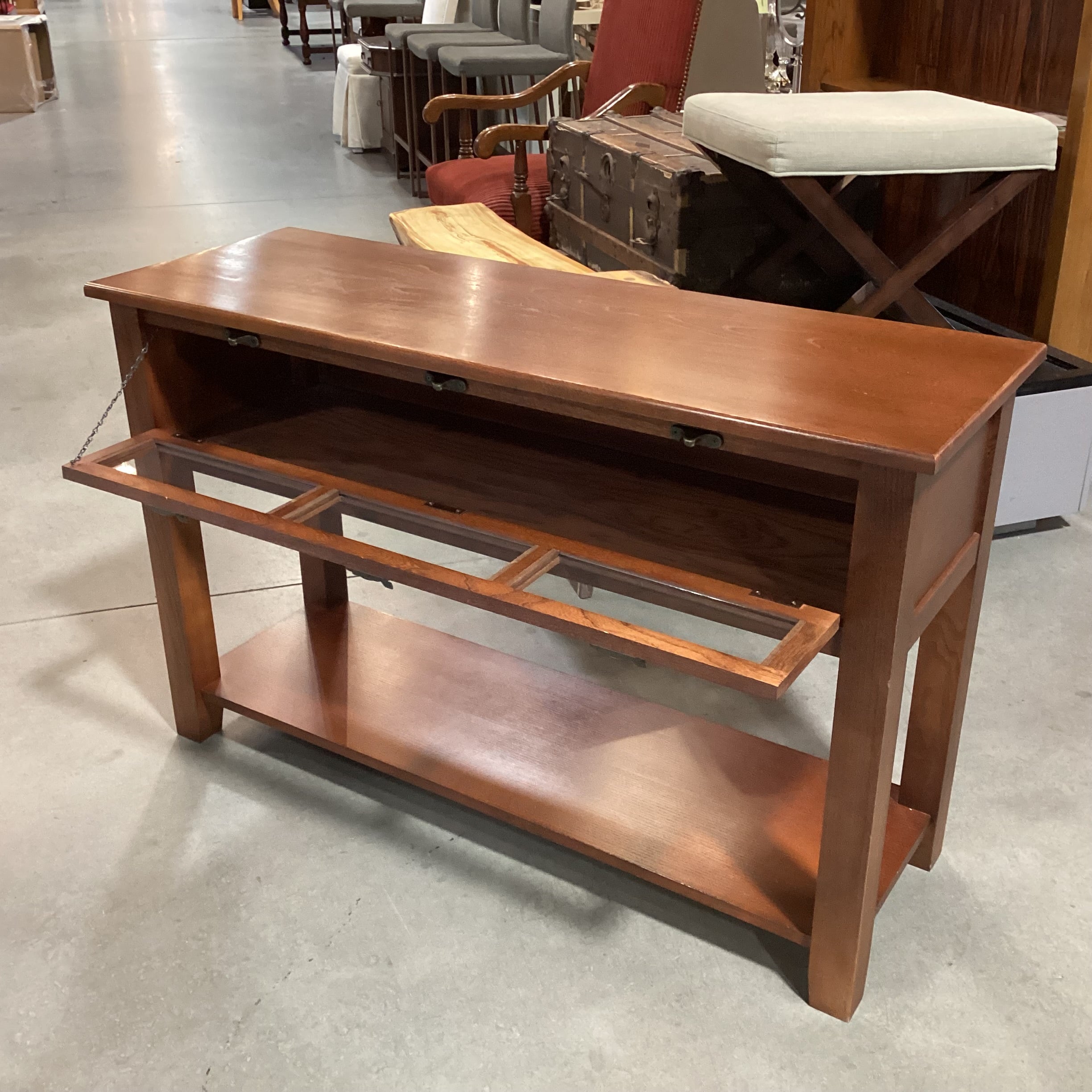 Finished Oak Flip Down Paned Glass Door & Bottom Shelf Console 46"x 16"x 29.5"