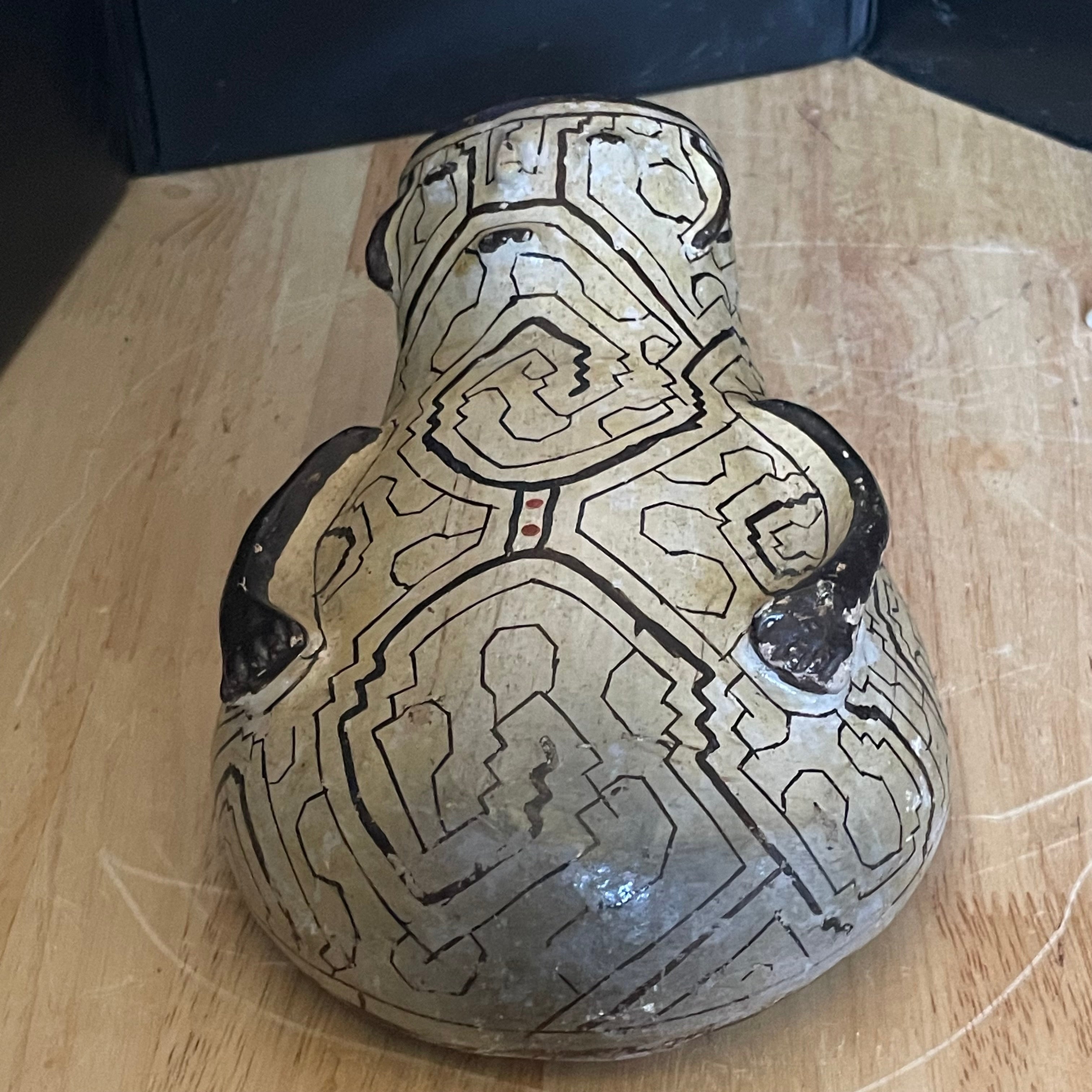 Antique Peruvian Shipibo Conibo Anthropomorphic Geometric Kene Pattern Pottery Vessel, 5.5"x 9"