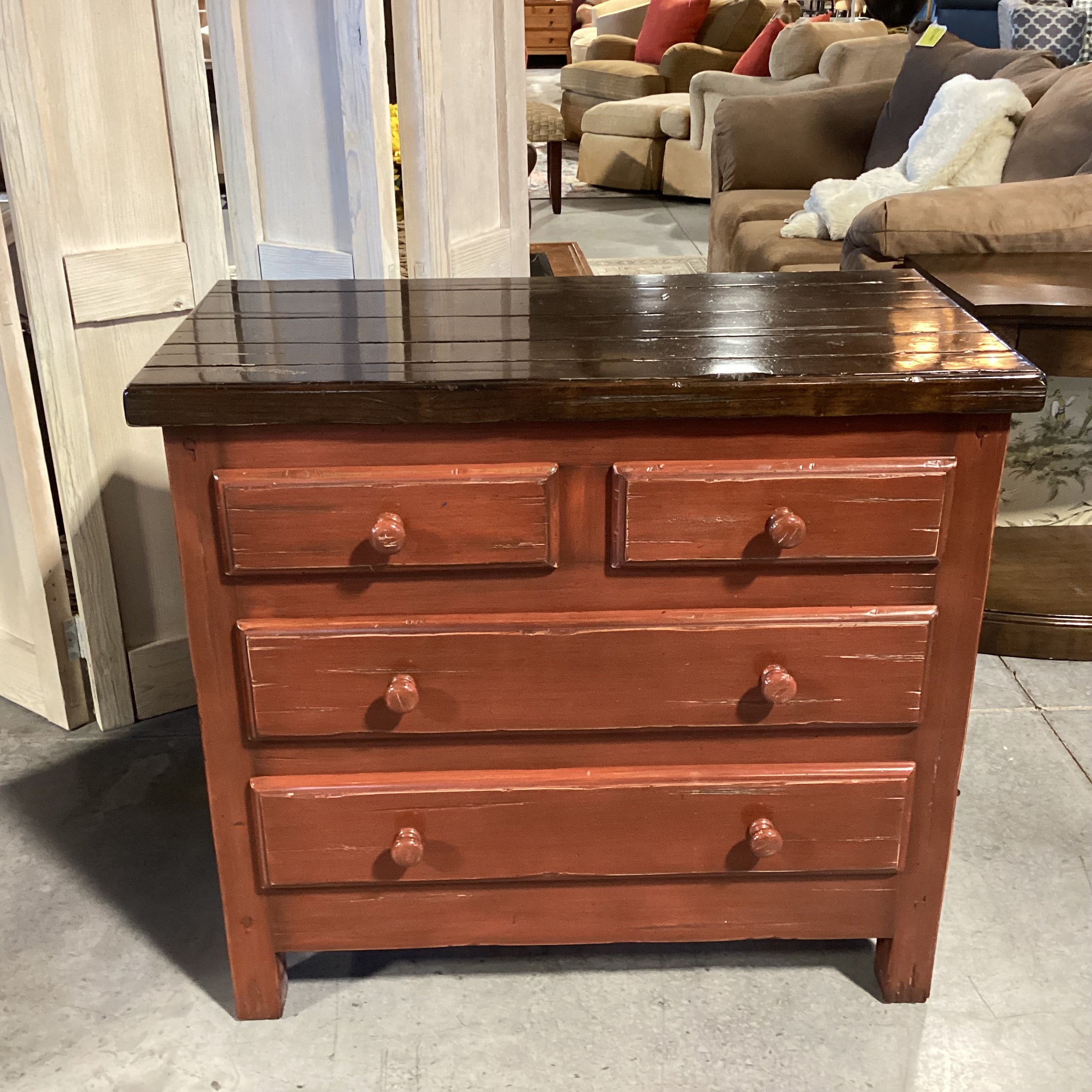 Red & Brown Distressed Finish Solid Wood 4 Drawer Chest 36"x 18"x 32.5"