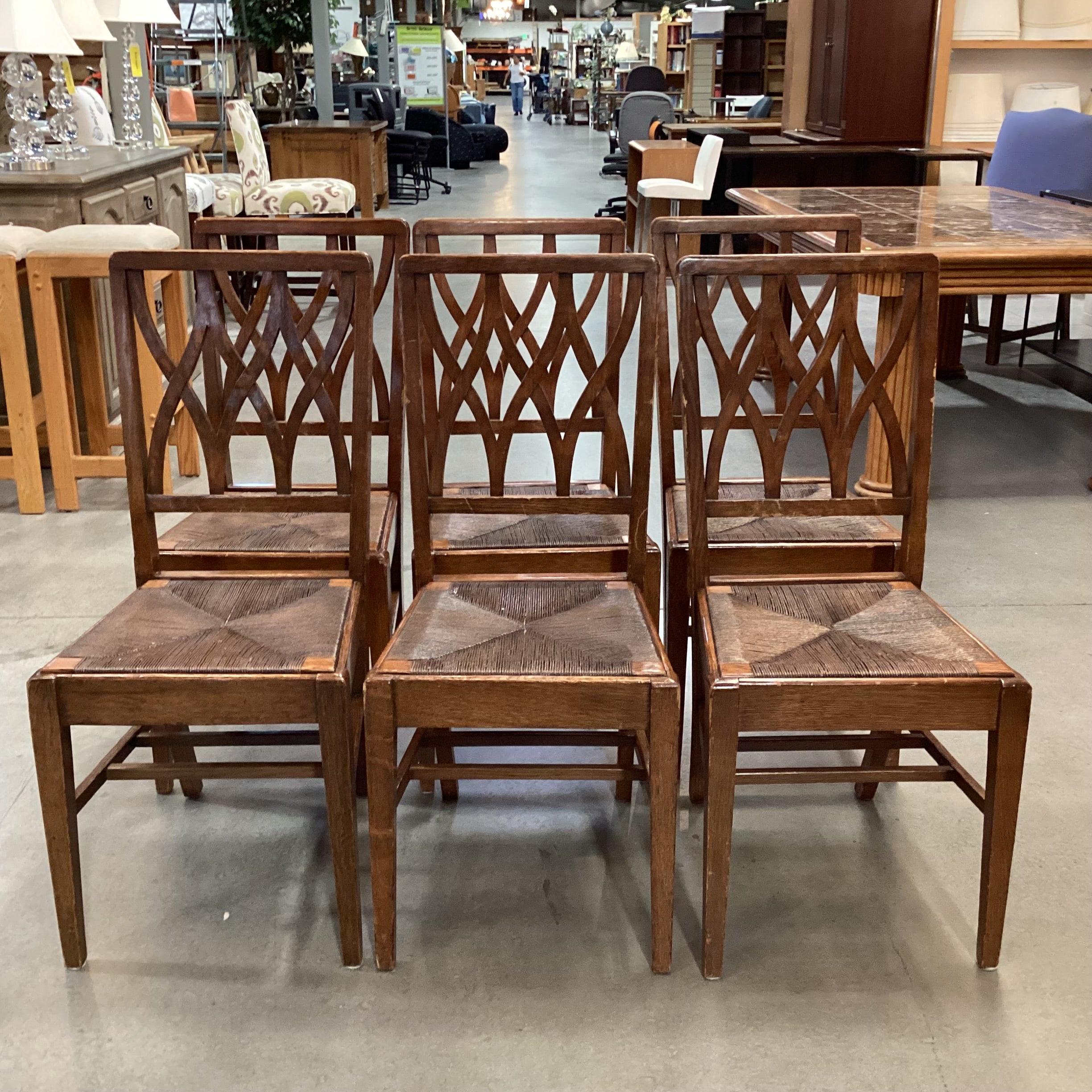 SET of 6 Vintage Antique Lattice Back & Rush Seat Dining Chairs 17"x 20"x 38"