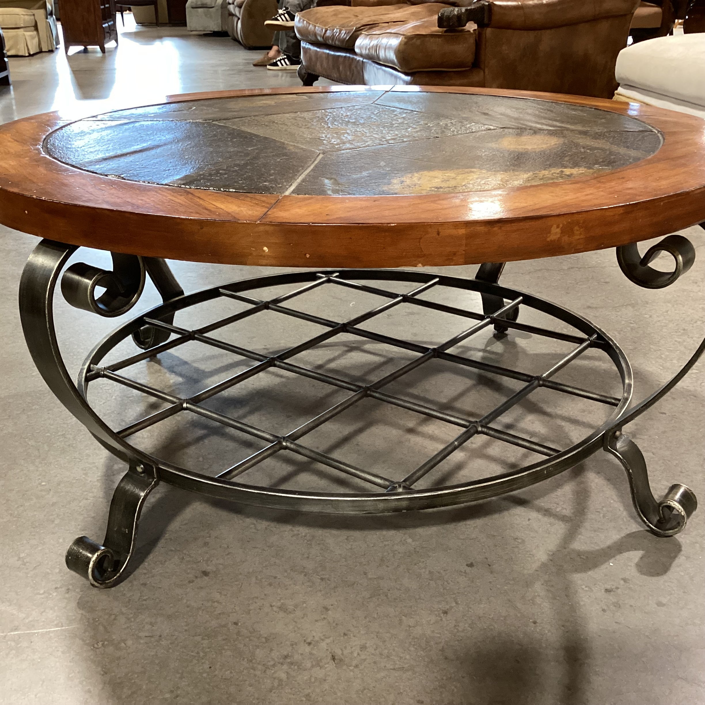 Round Wood Inset Slate Tile & Ornate Metal Base Coffee Table 42" Diameter x 20"