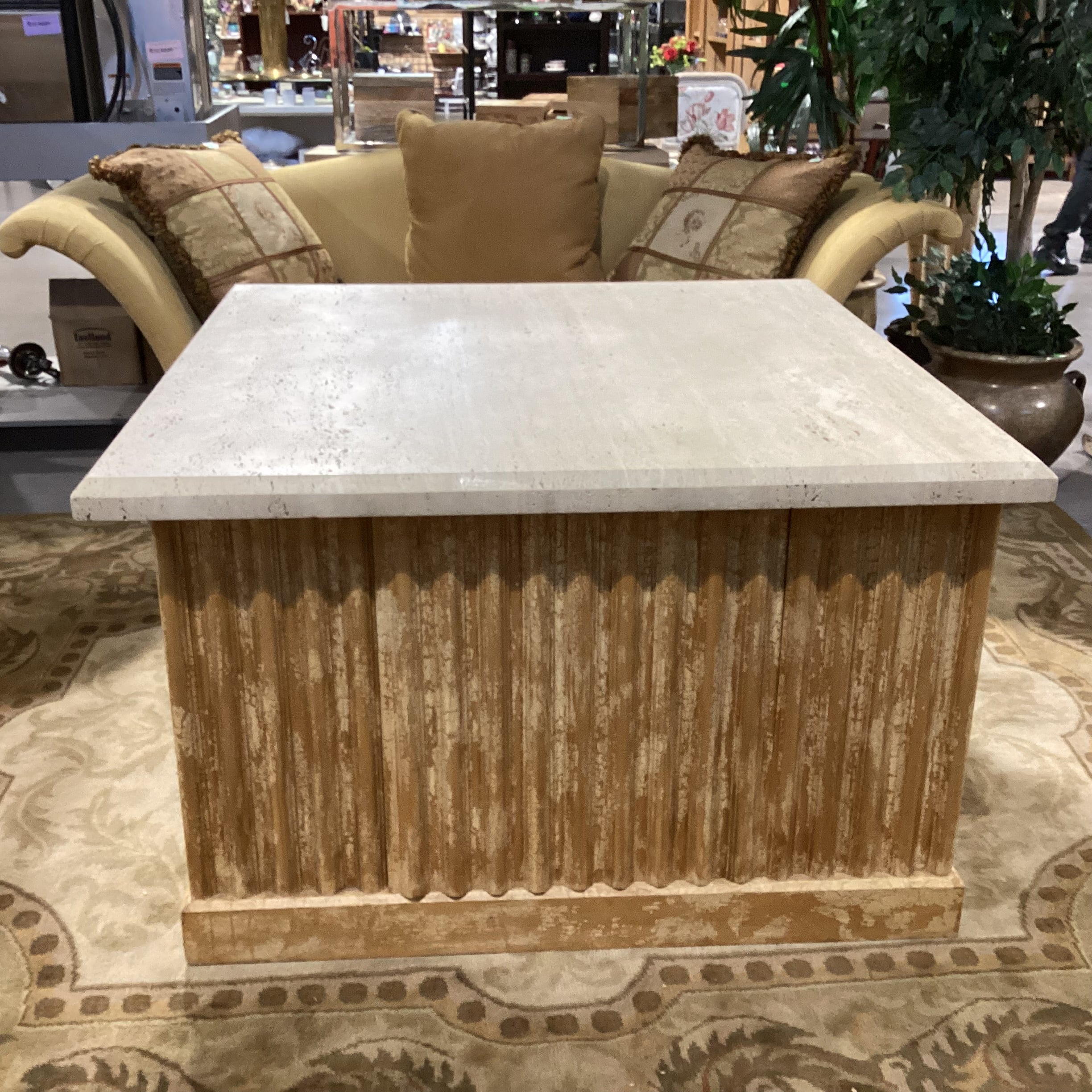 Custom Ribbed with Textured Crackle Finish Wood 1 Door with Shelf Travertine Top Accent Table 48"x 48"x 30"