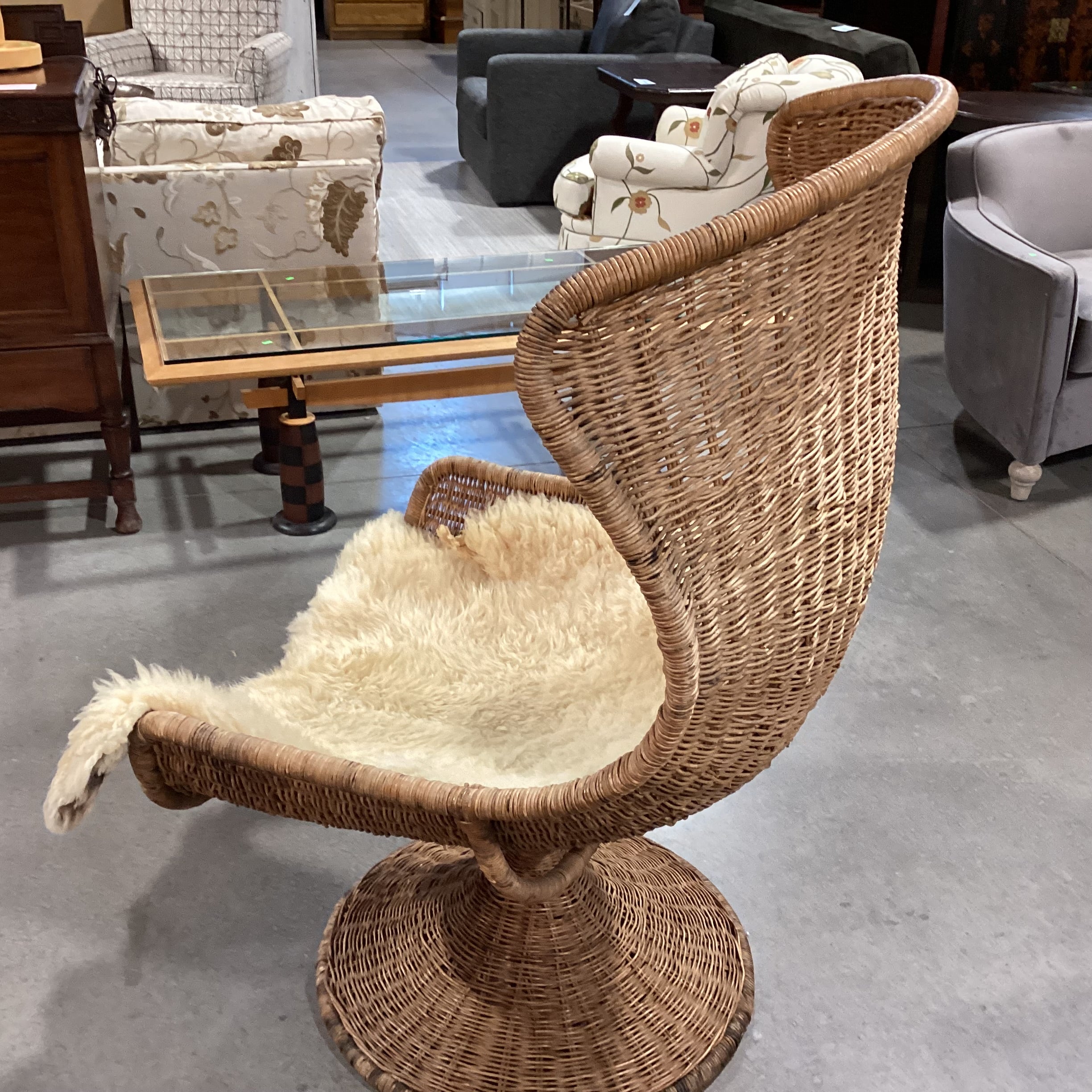 Vintage Wicker Swivel Rock with Sheepskin Chair 30"x 30"x 48"
