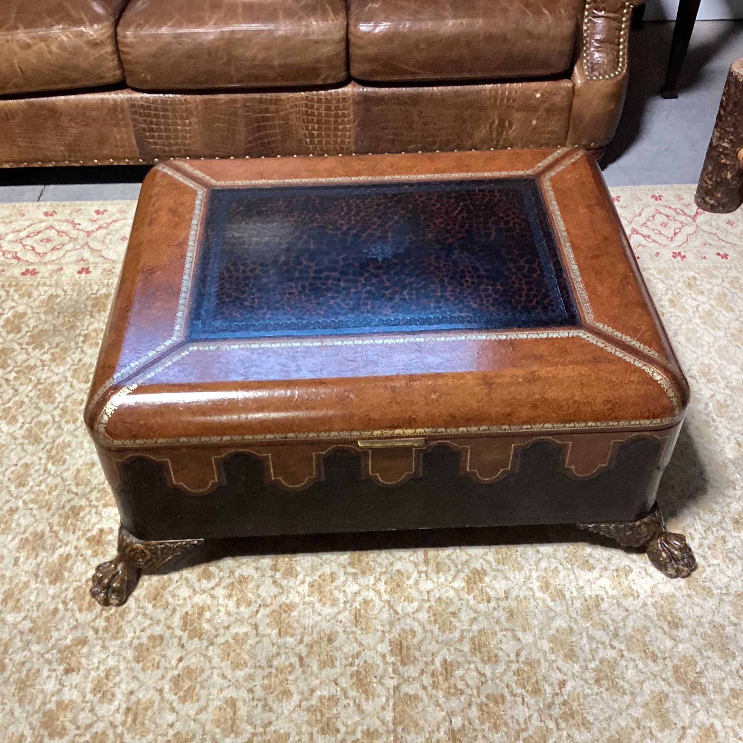 Maitland Smith Leather with Gold Stamping & Carved Clawfoot Trunk 44"x 35"x 18"