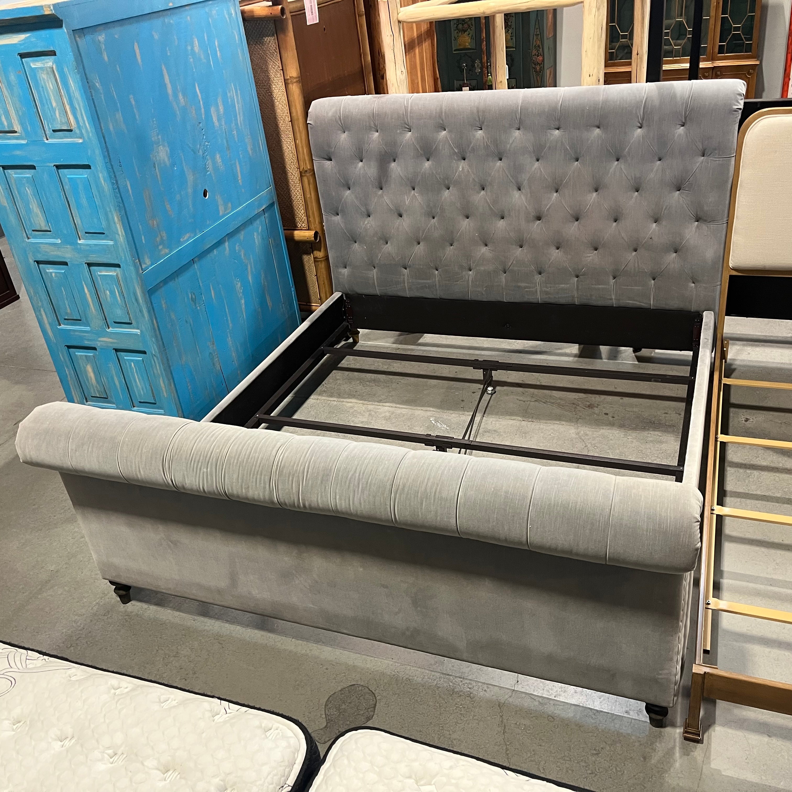 KING Grey Linen Nail Head Slay Style Bed Set