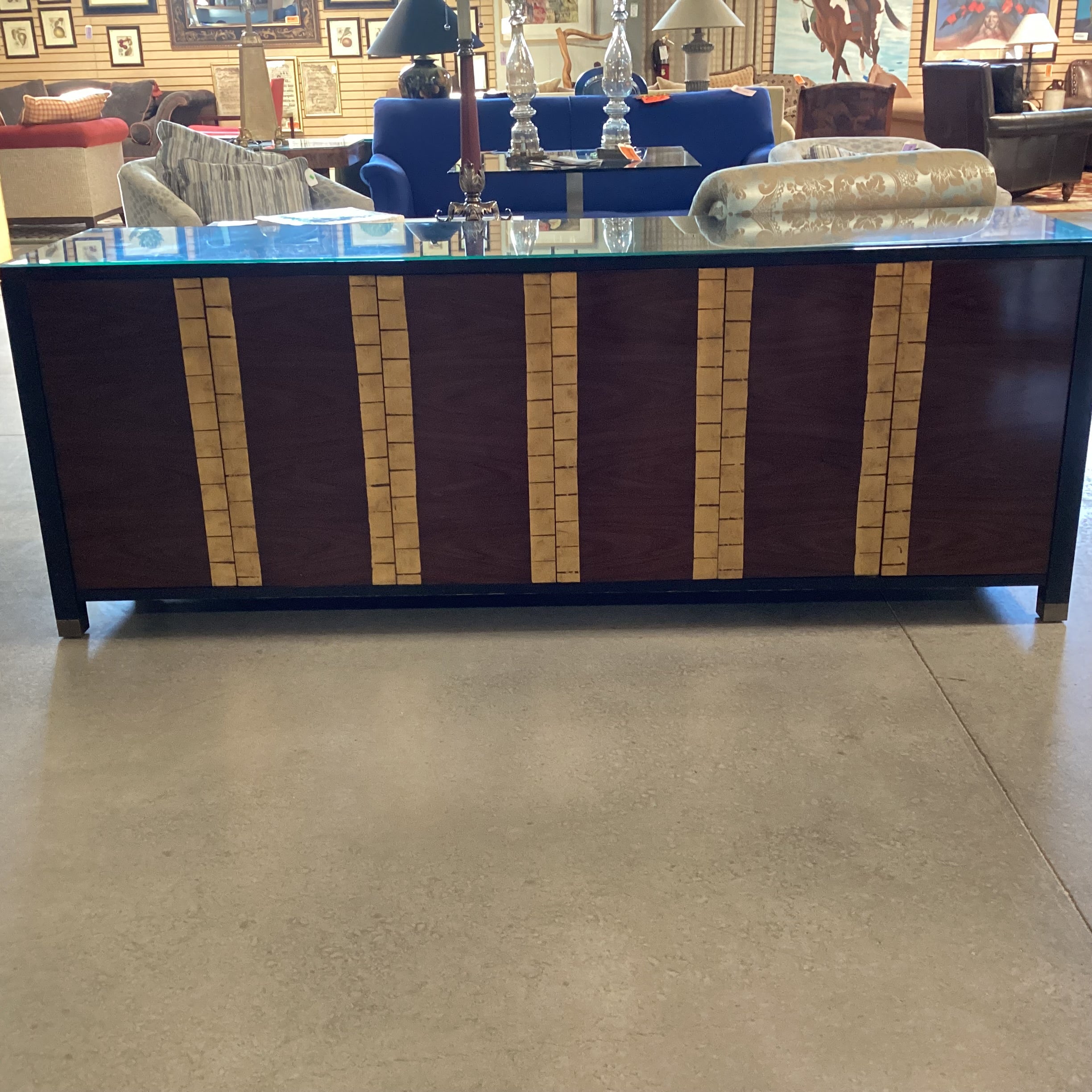 Bolier & Co Vintage Black Lacquer Dark Finished Wood Veneer & Gold Gilt 4 Door 6 Drawer & Shelves Credenza 82"x 21"x 30.5"