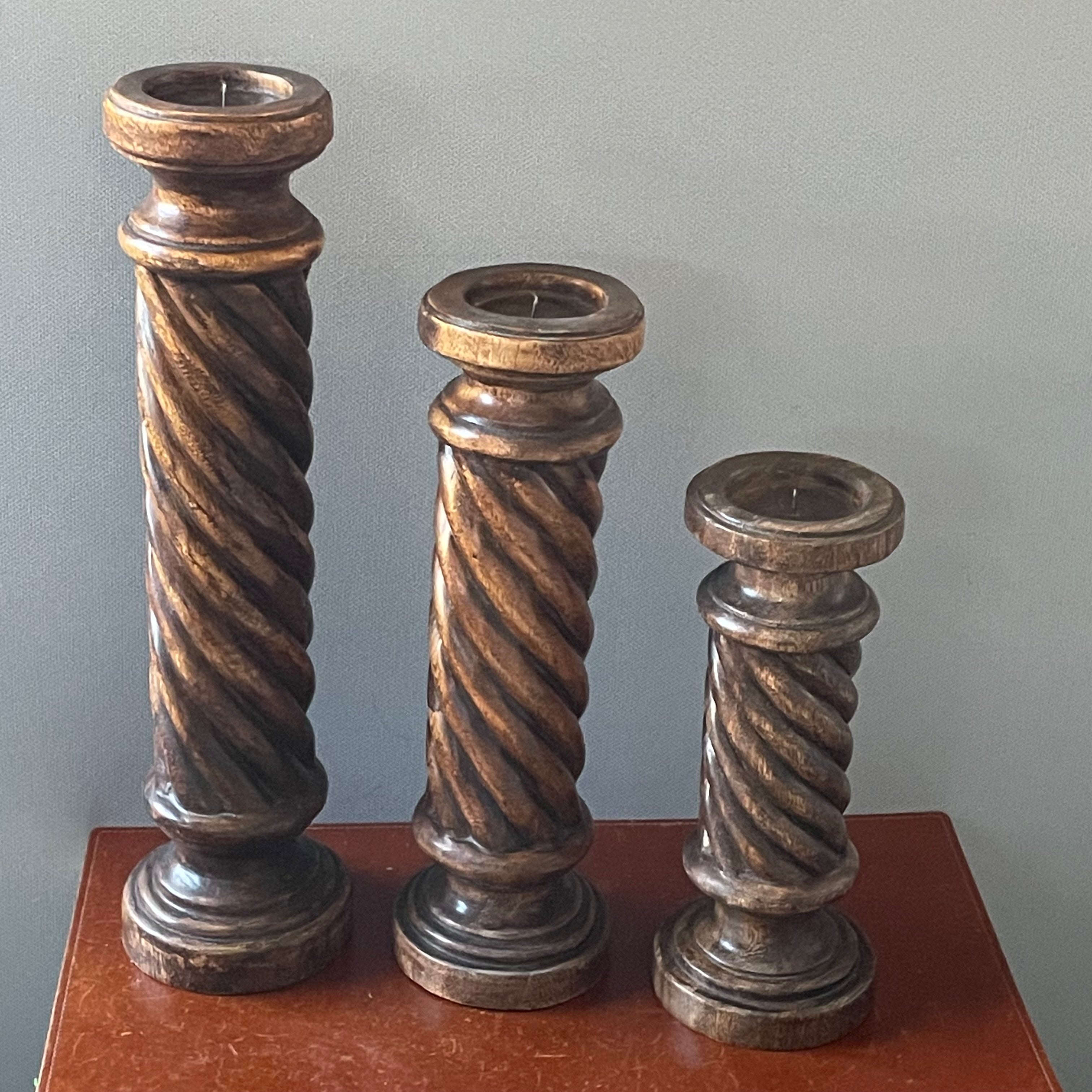 Set of 3 Vintage Wood Carved Barley Twist Candle Holders, 22",18,"x 14"