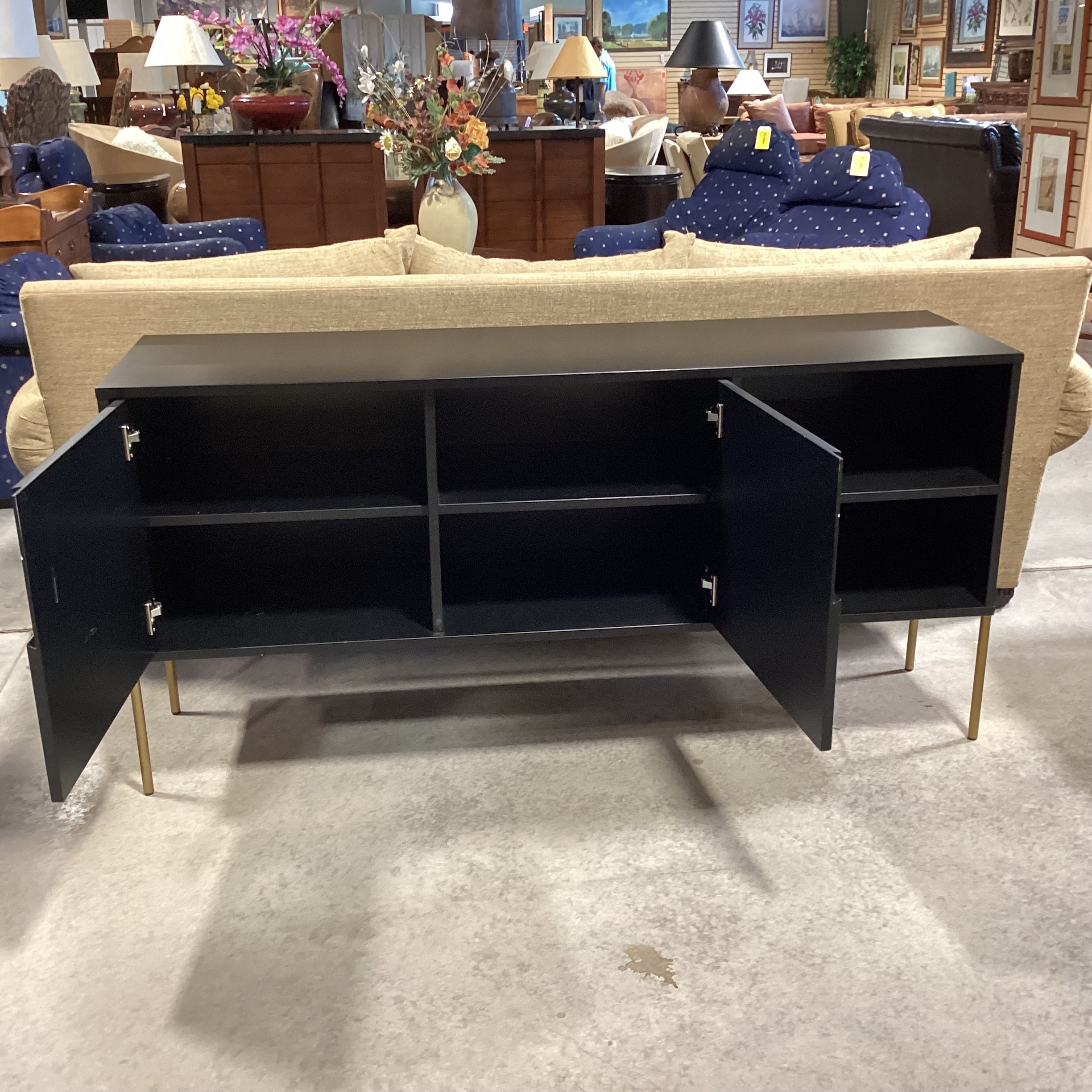 Black Laminate & Gold Legs 2 Door with Shelves Console Credenza 65"x 18"x 31.5"