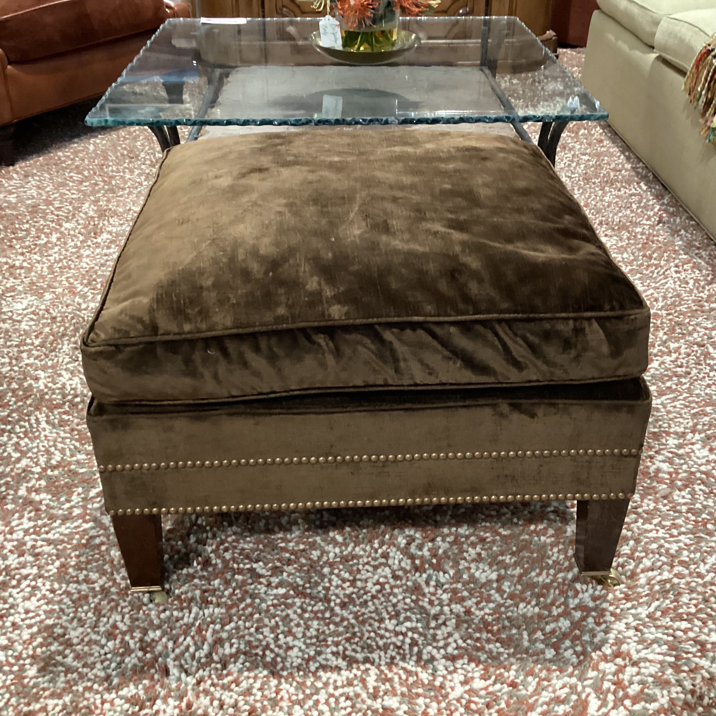 Custom Brown Velvet Nailhead & Brass Casters Down Mix Ottoman 26"x 26"x 19"