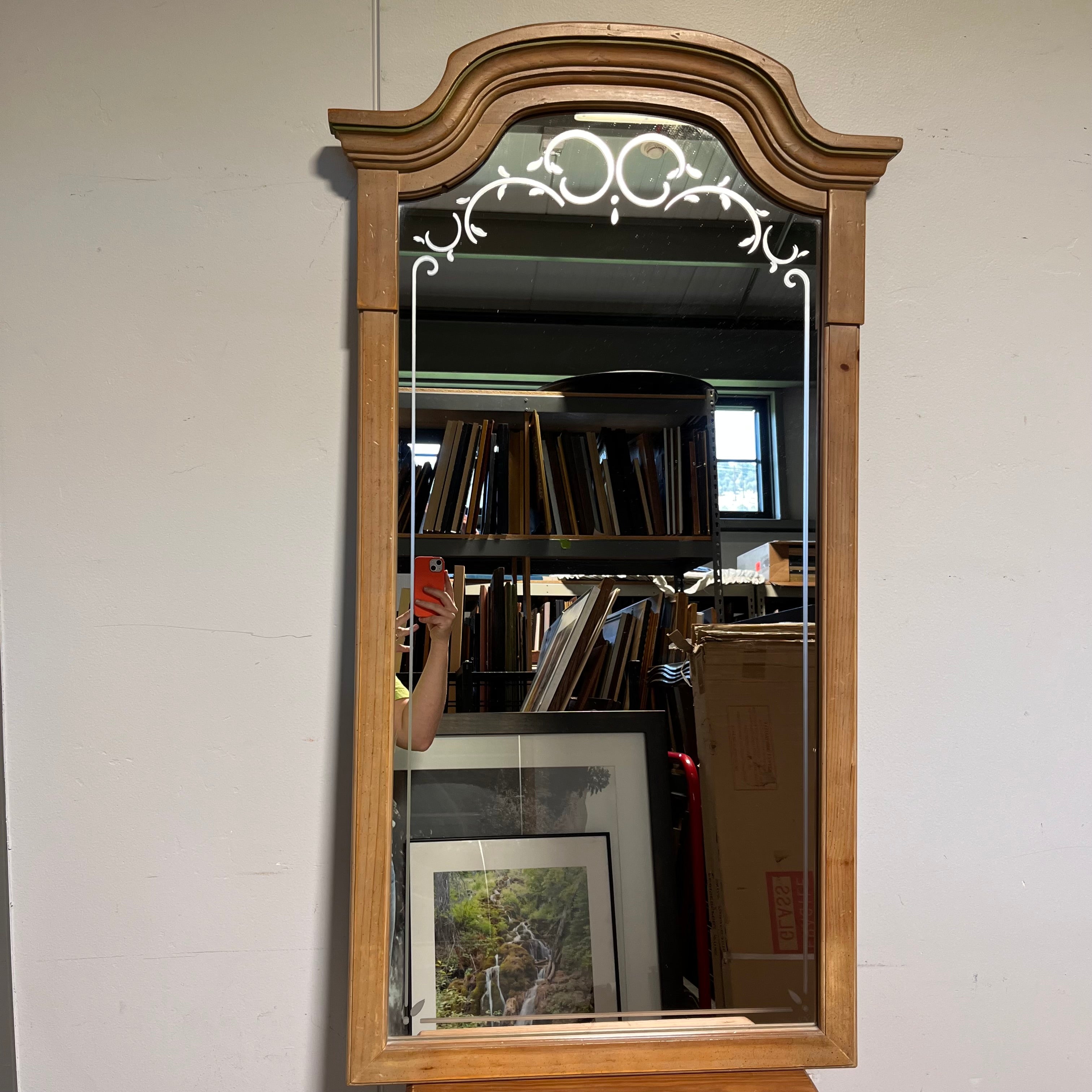 French Provincial Etched with Green Accents  Wall Mirror; 25"x 46"x 2"