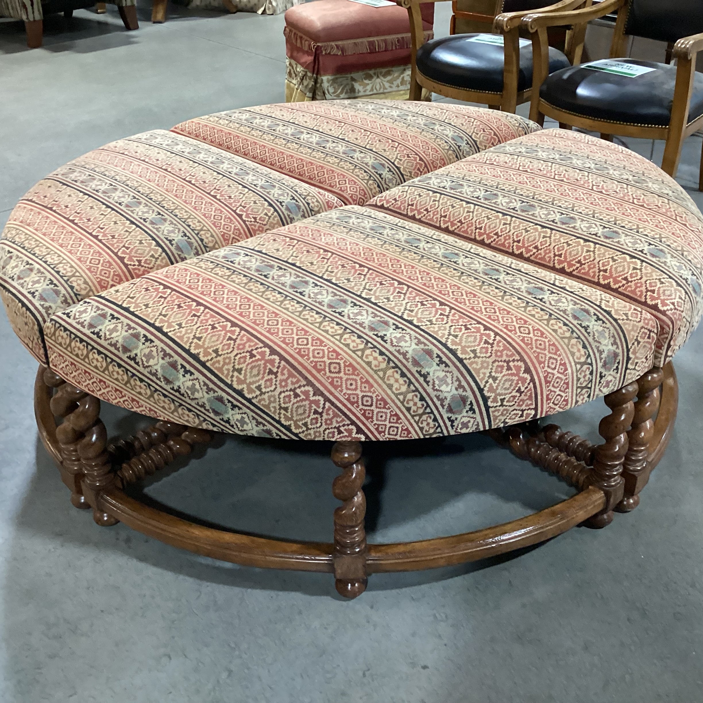 Rose Tarlow Melrose House Barley Twist Carved Wood & Upolstered 4 Piece Pie Ottoman 61" Diameter x 21"