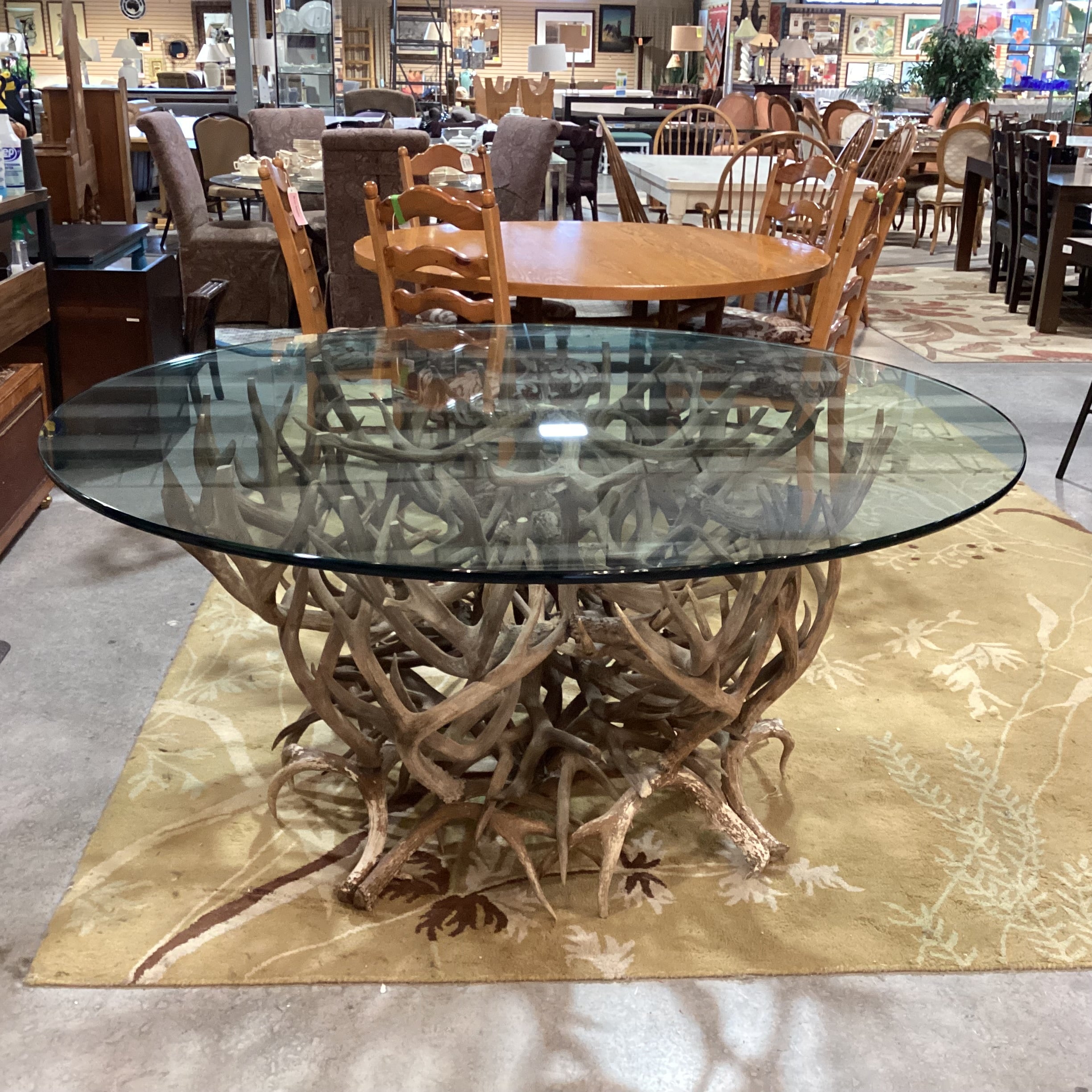 Antler & Round Glass Top Dining Table 66" Diameter x 30"