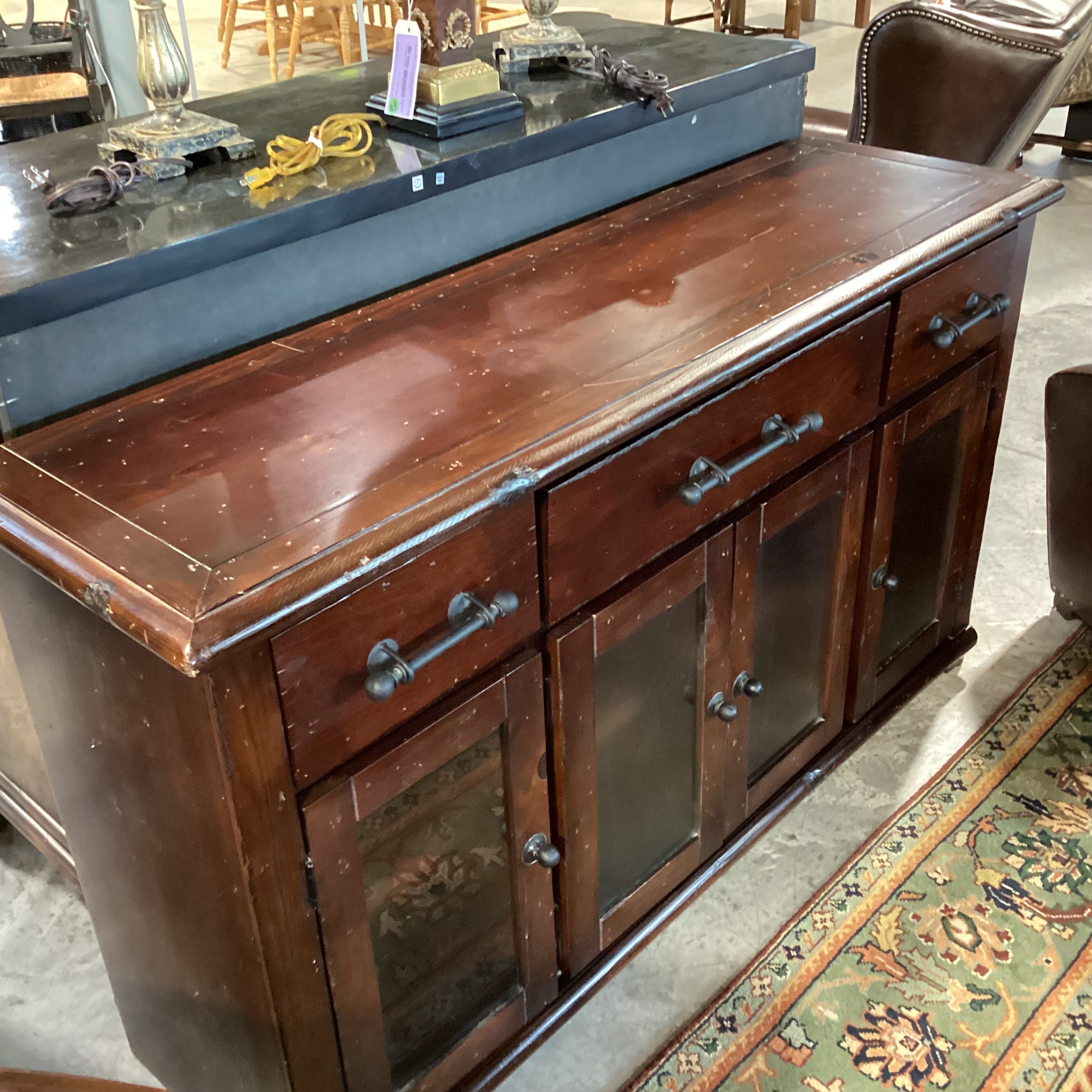 Dark Distressed Wood 4 Door 3 Drawer Rustic Console Credenza 61"x 17.5"x 35"