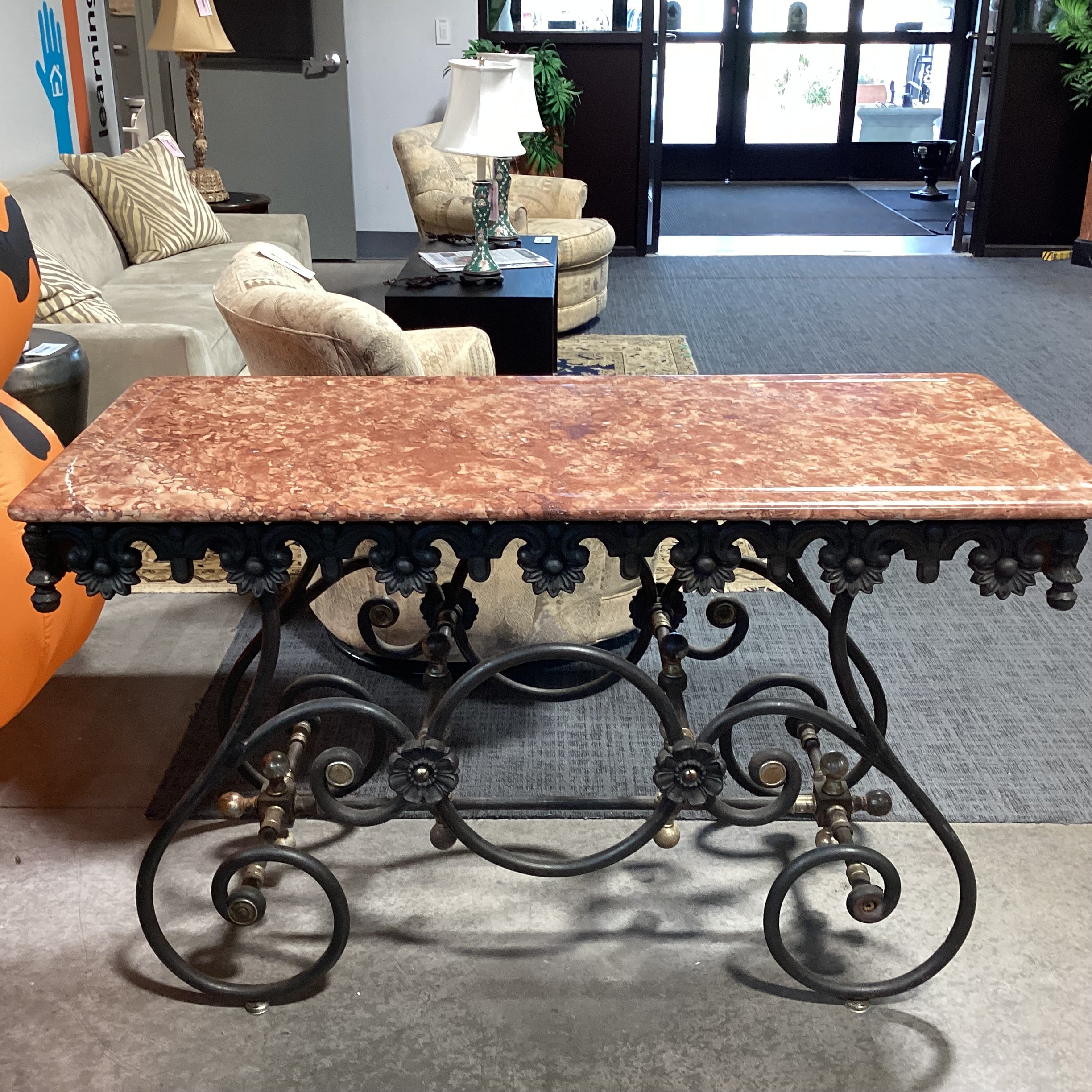 Antique French Ornate Iron & Original Marble Baker's Accent Table 52"x 23"x 31"