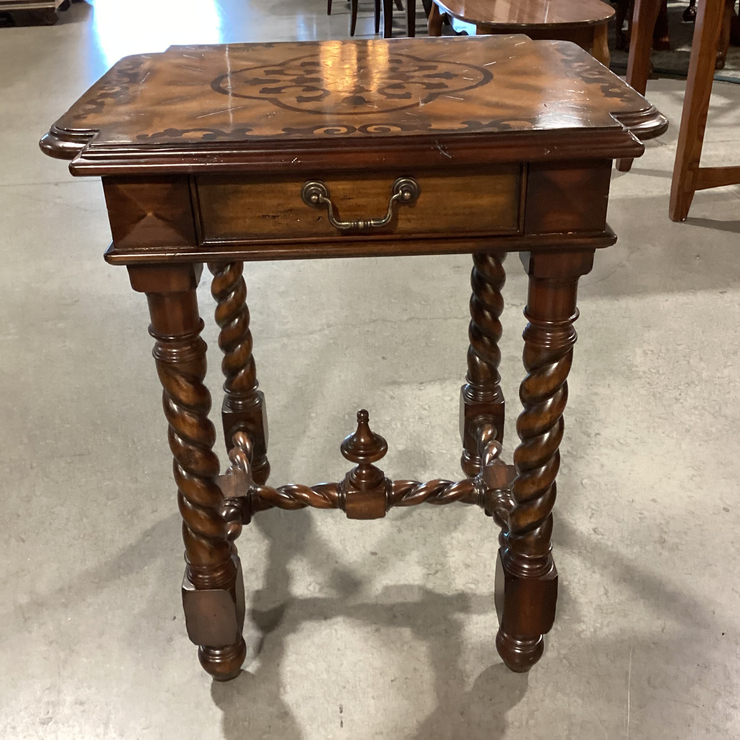 Maitland Smith Ornate Carved Spiral Leg & Trestle with Inlay & Drawer Accent Table 24.5x 20.5x 28.5"