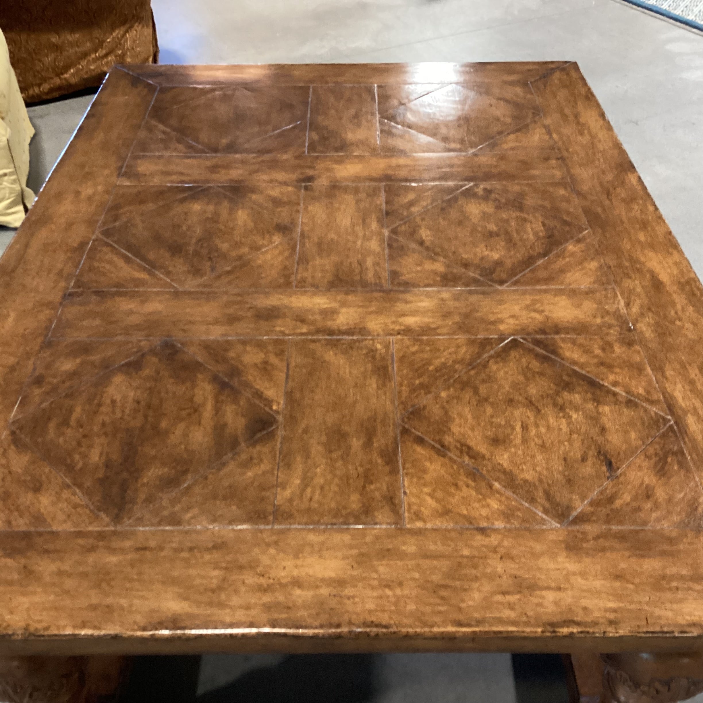 Solid Distressed Finish Wood with Ornate Carved Legs & Top Diamond Detail Coffee Table 63"x 45"x 24"