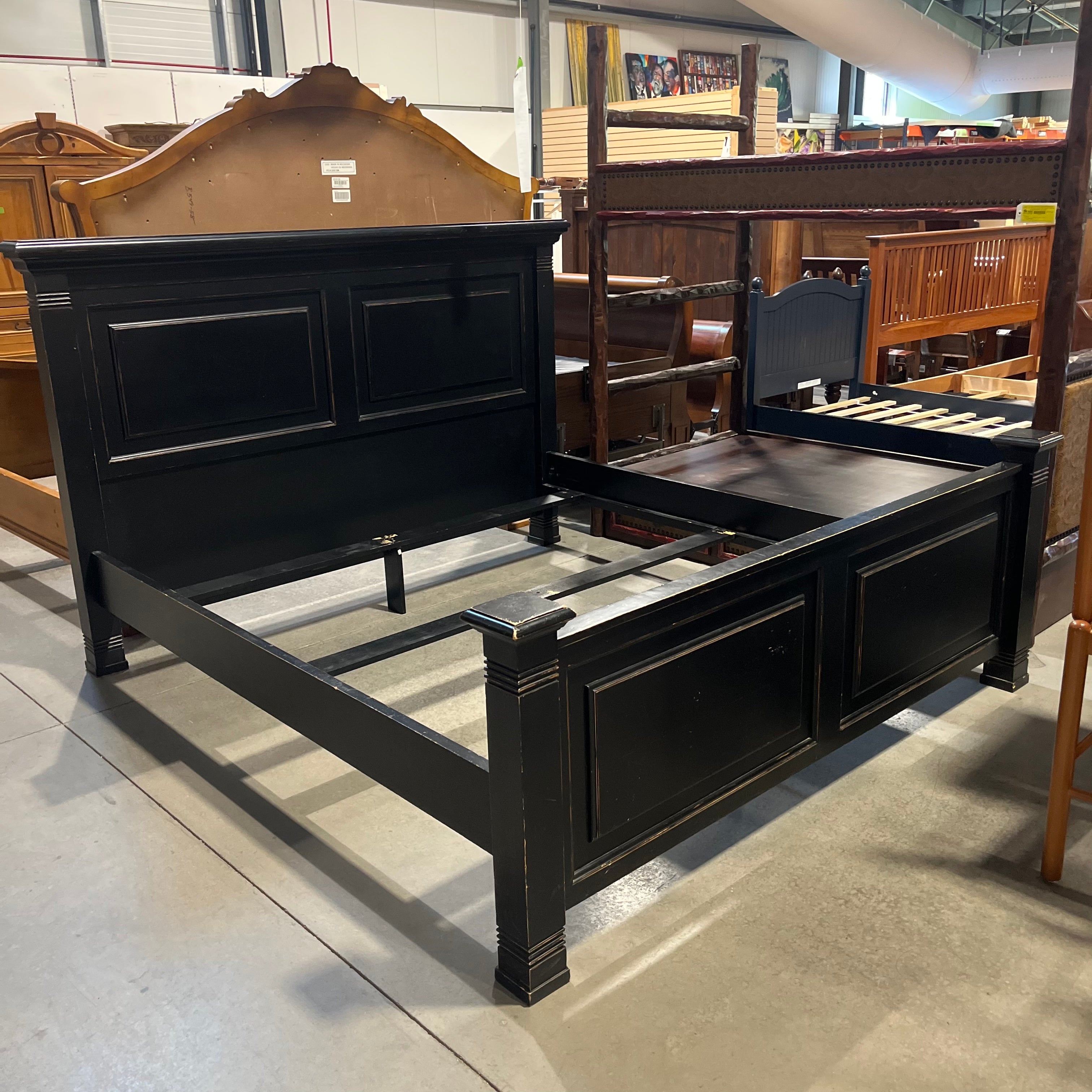 King Rustic Style Solid Wood Painted Wood Black Bed Set 86.5"x 90.5x 55.5"