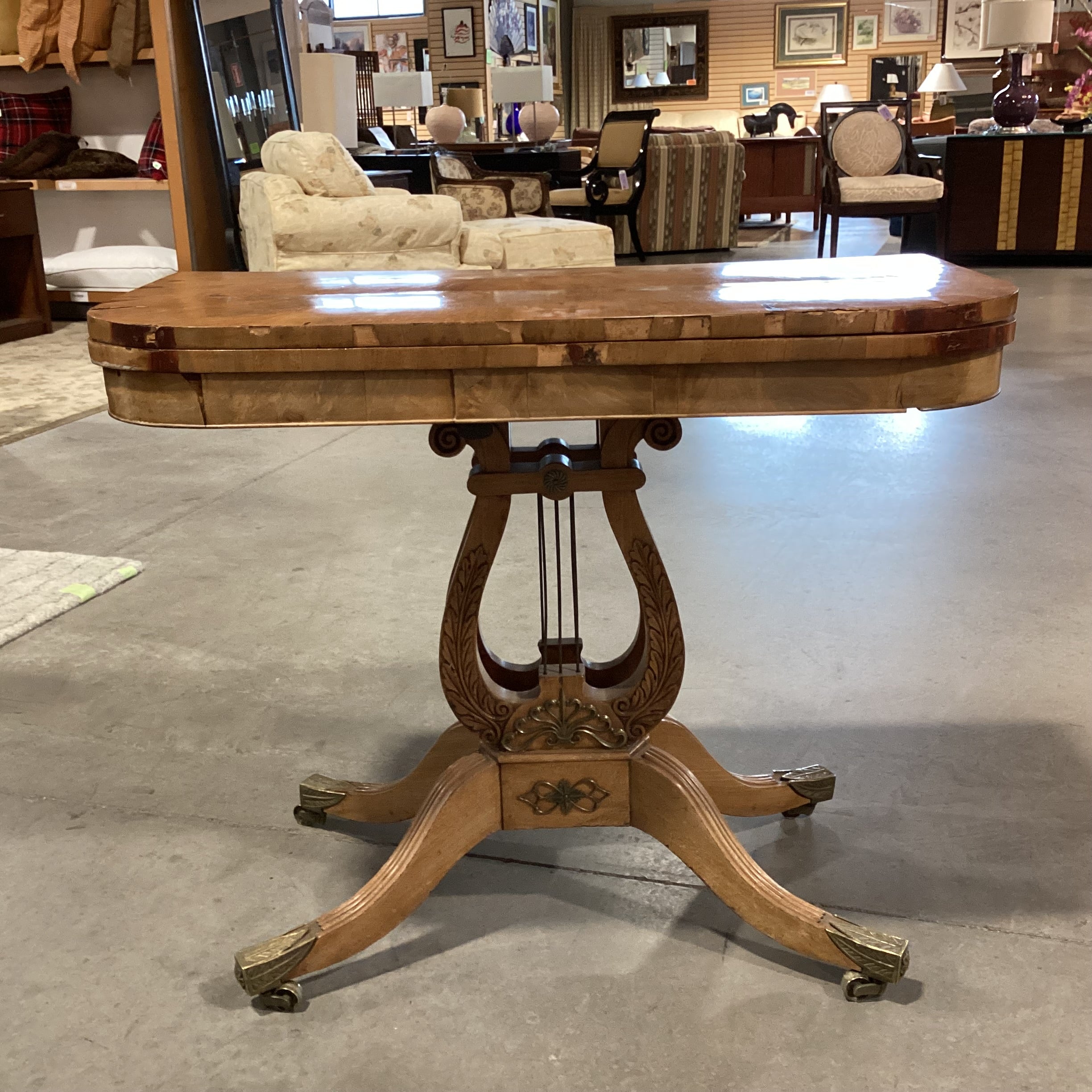 Antique Carved Wood & Veneer Twist Top to Open with Harp Pedestal & Brass Accents Accent Table 36"x 18" to 36"x 29.5"