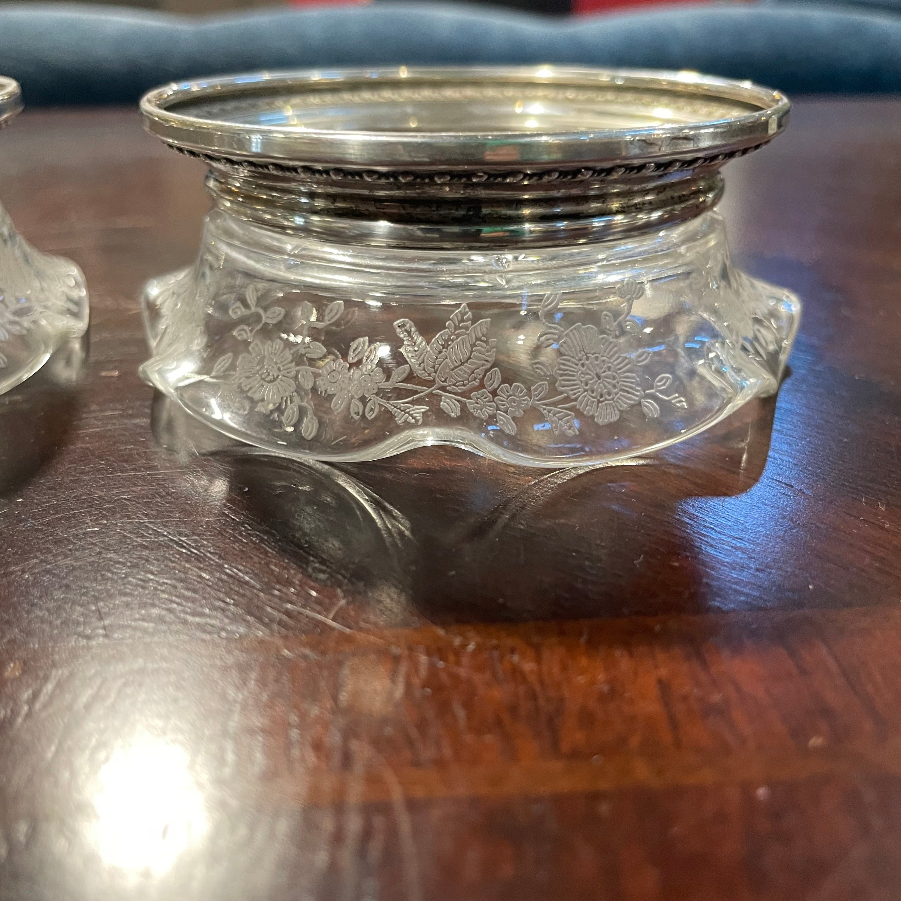 Set of 2 Vintage Cambridge "Chantilly" Sterling Silver Rimmed Etched Fluted Glass Coasters