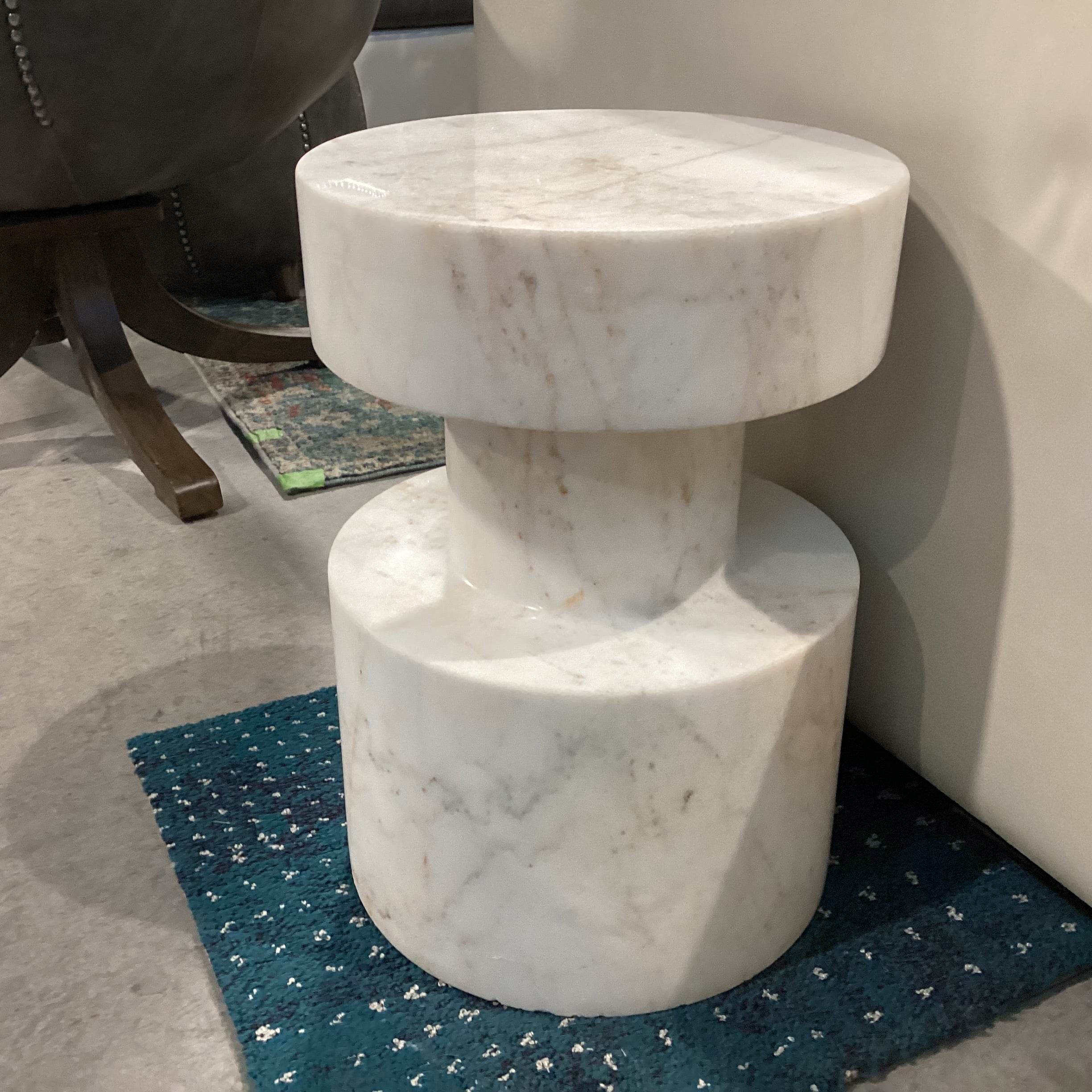 Noir Mamud White with Grey & Brown Veining Marble Accent Table 13" Diameter x 18"
