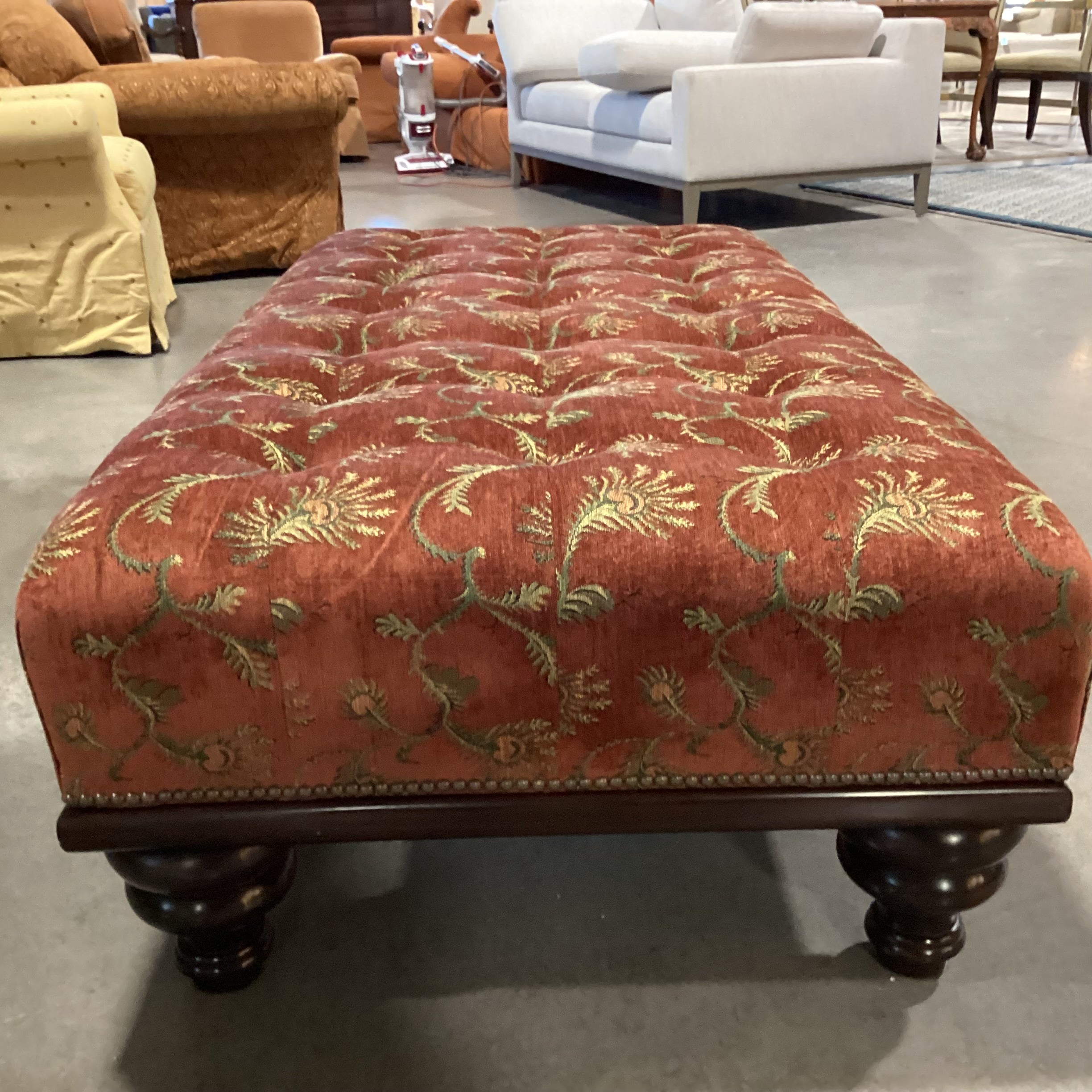 JJ Custom Rust with Gold Floral Woven Tufted Nailhead & Carved Wood Bench Ottoman 61"x 31"x 17.5"