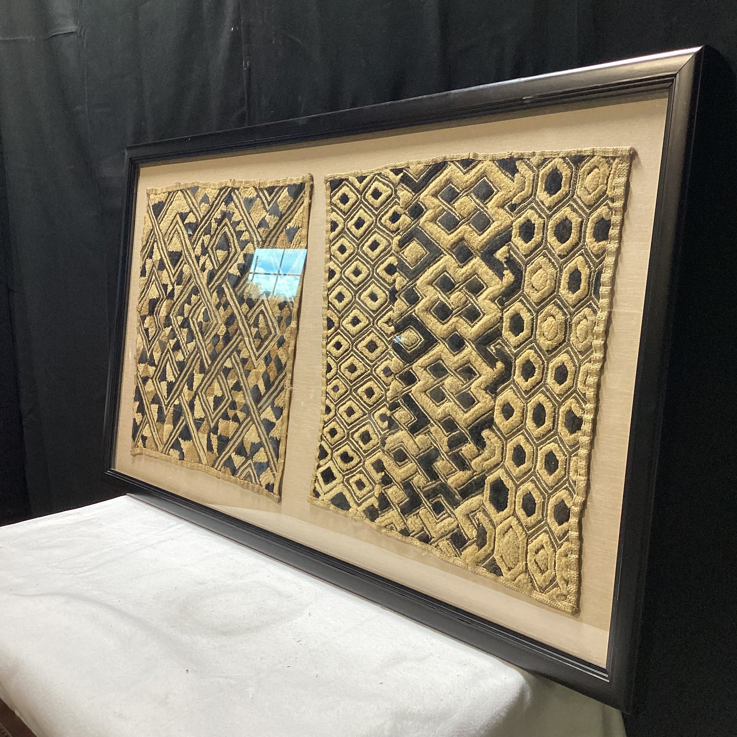 Vintage Kuba Shoowa Cloths In Black Frame 26.5" x 47.5"