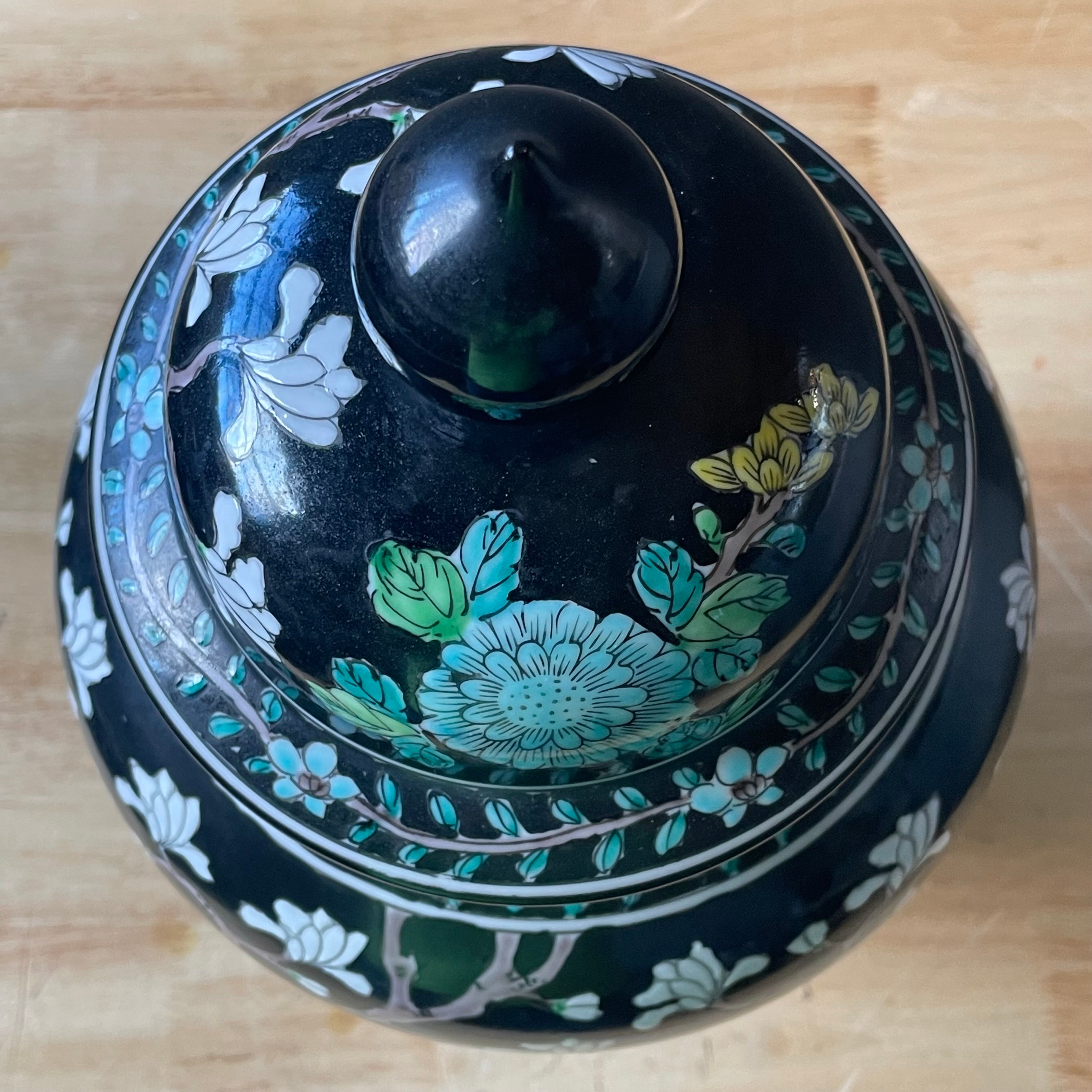 Vintage Japanese Hand Painted Famille Noir with Turquoise & White Accents Temple Jar, 8"x 15"