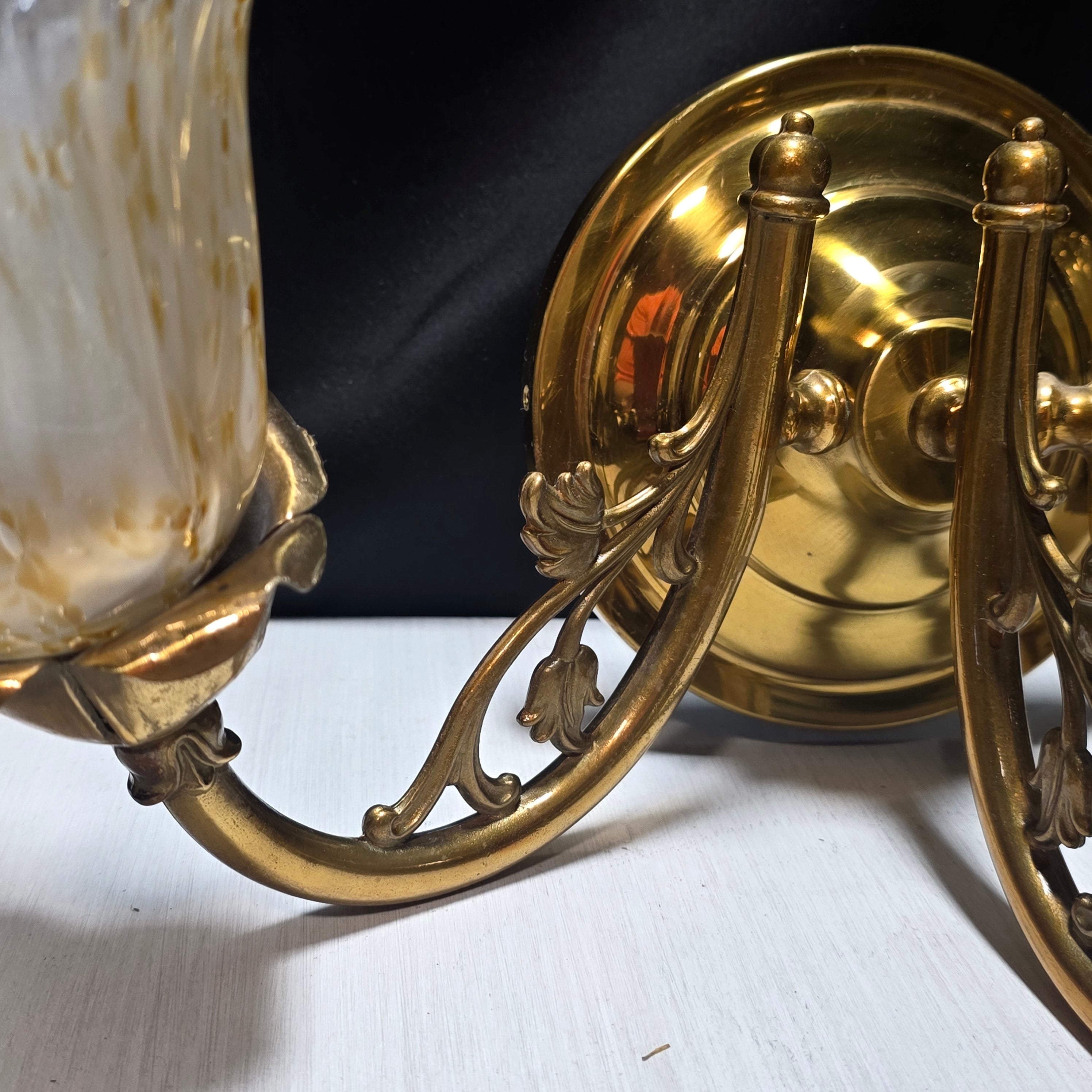 Vintage Brass Floral Three Light Sconce with Amber/Gold Flecks in Glass and Leafy  Arms17"x13"x7"