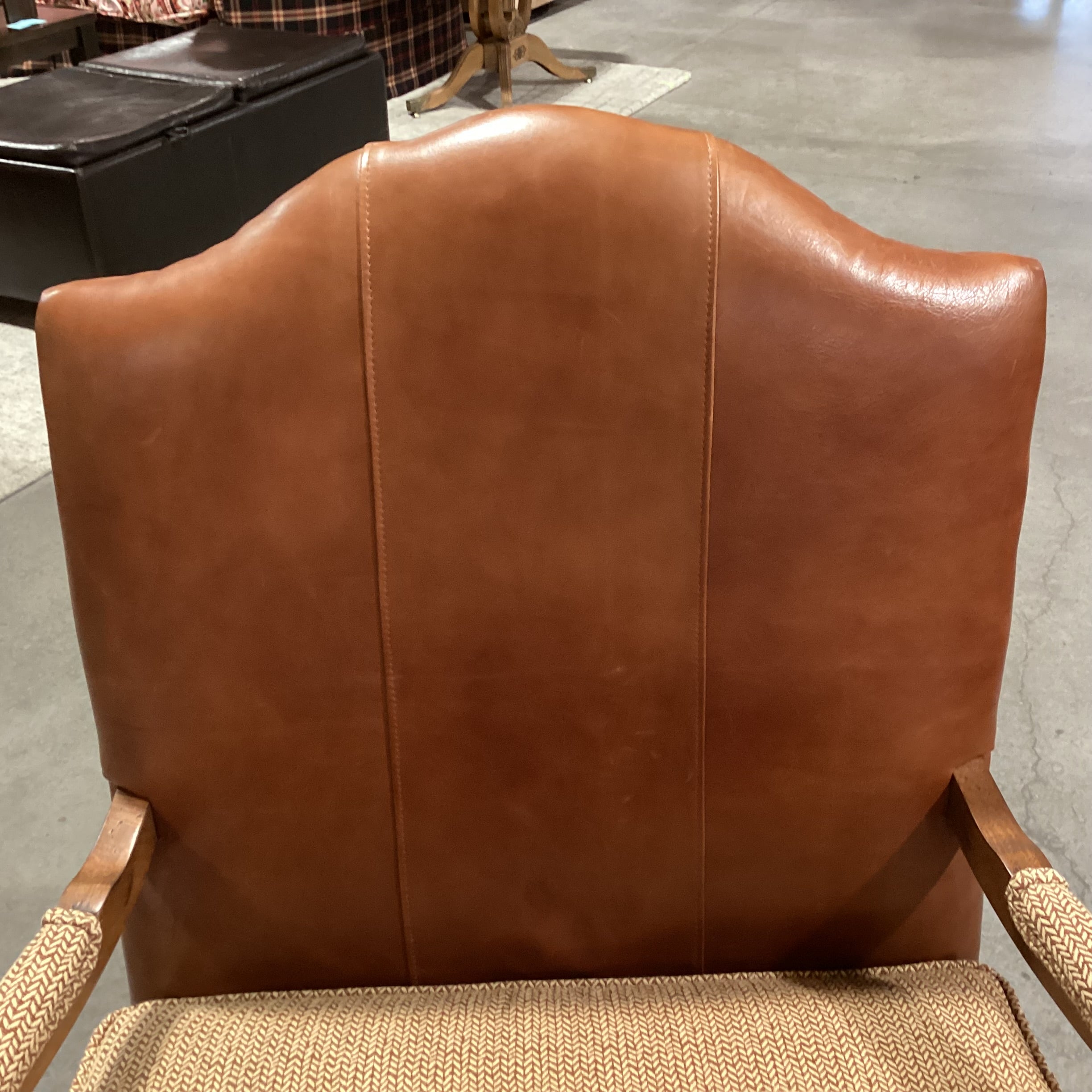 Ethan Allen Carved Wood Leather Gold & Burnt Orange Woven Bergere Chair 36"x 40"x 42"