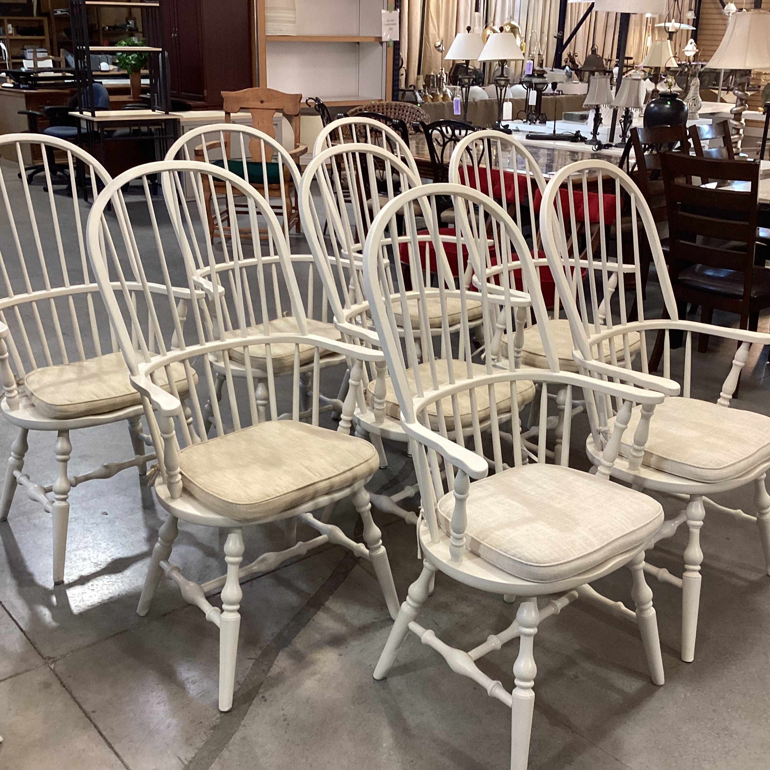 SET of 8 Vintage Windsor Cream Carved Wood Armed Dining Chairs 24"x 24"x 45"