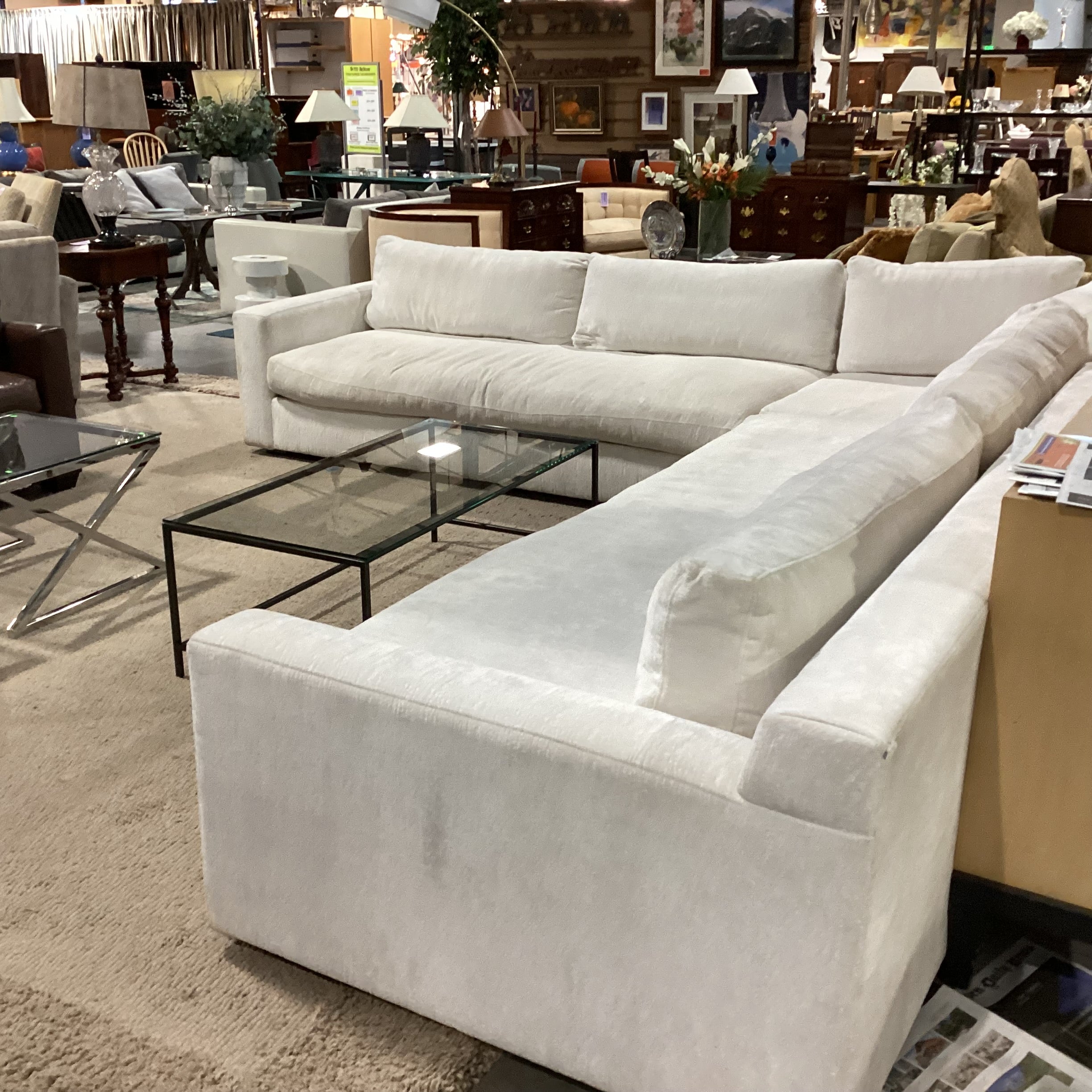 Custom Ivory Raised Texture Velvet Down Mix 3 Piece Sectional 146"x 134"x 45"x 29"