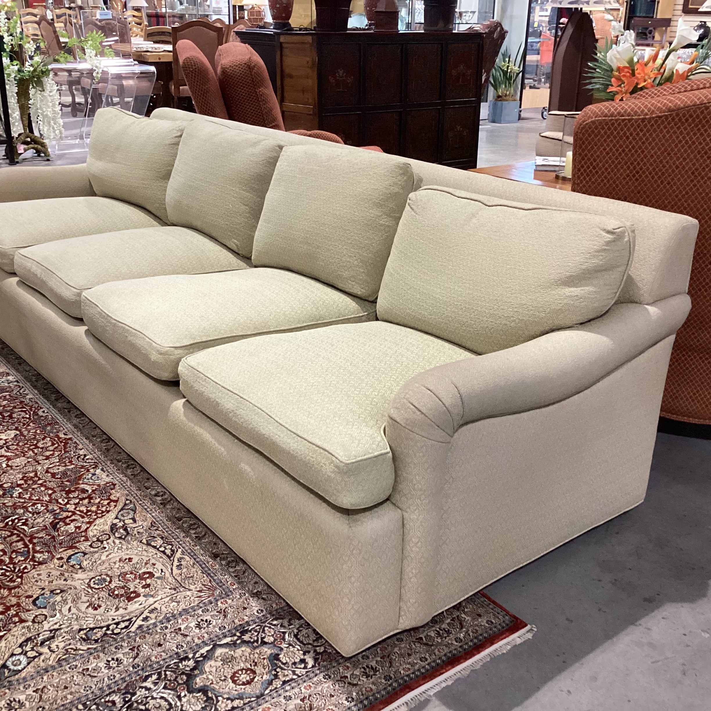 Vintage Avery Boardman Green & Gold Textured Pattern 4 Seat Sofa 108"x 40"x 32"