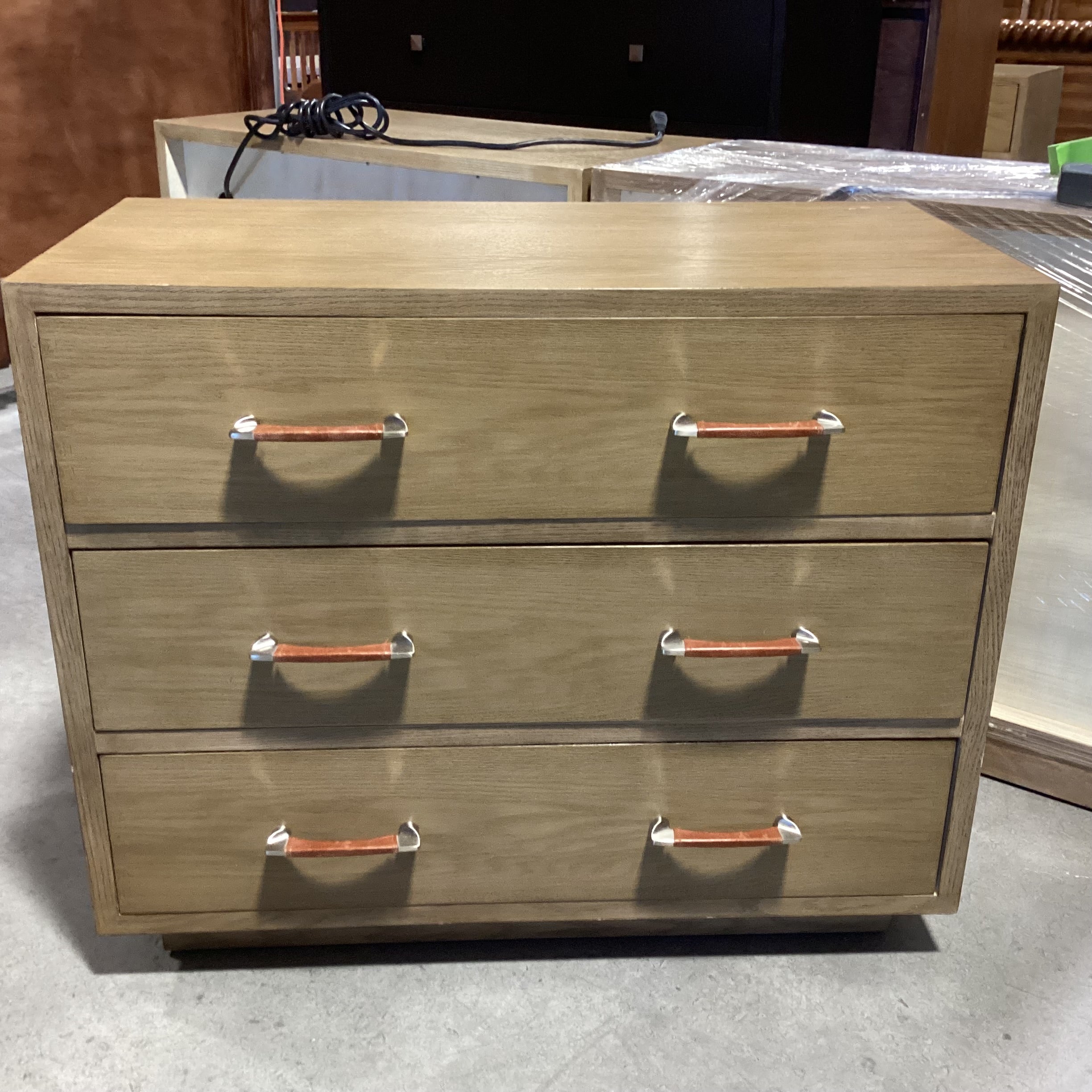 Bryan Ashley Light Finish Oak With Nickle & Leather Pulls 3 Drawer Chest 36"x 19"x 30"