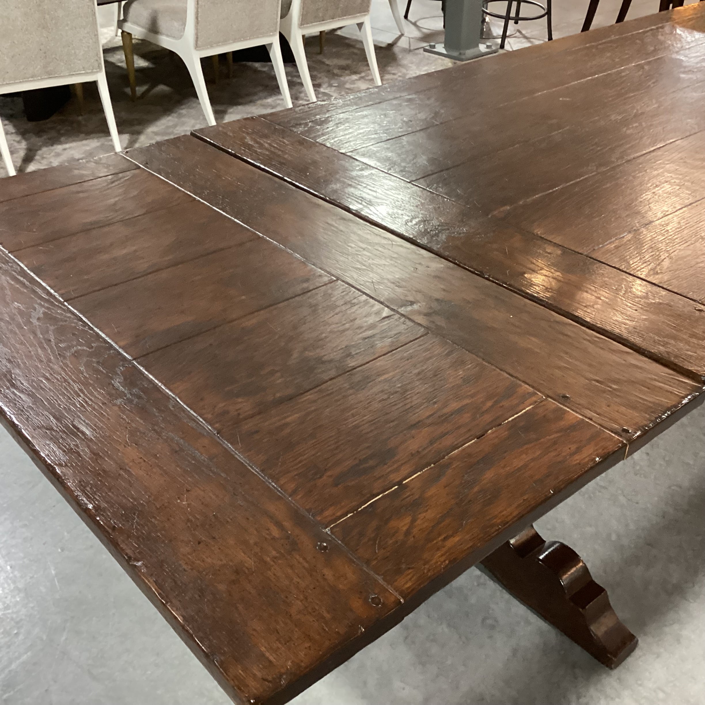 Antique Dark Finish Wood with End Extend Leaves & Trestle Dining Table 108" to 155"x 42"x 30.5"