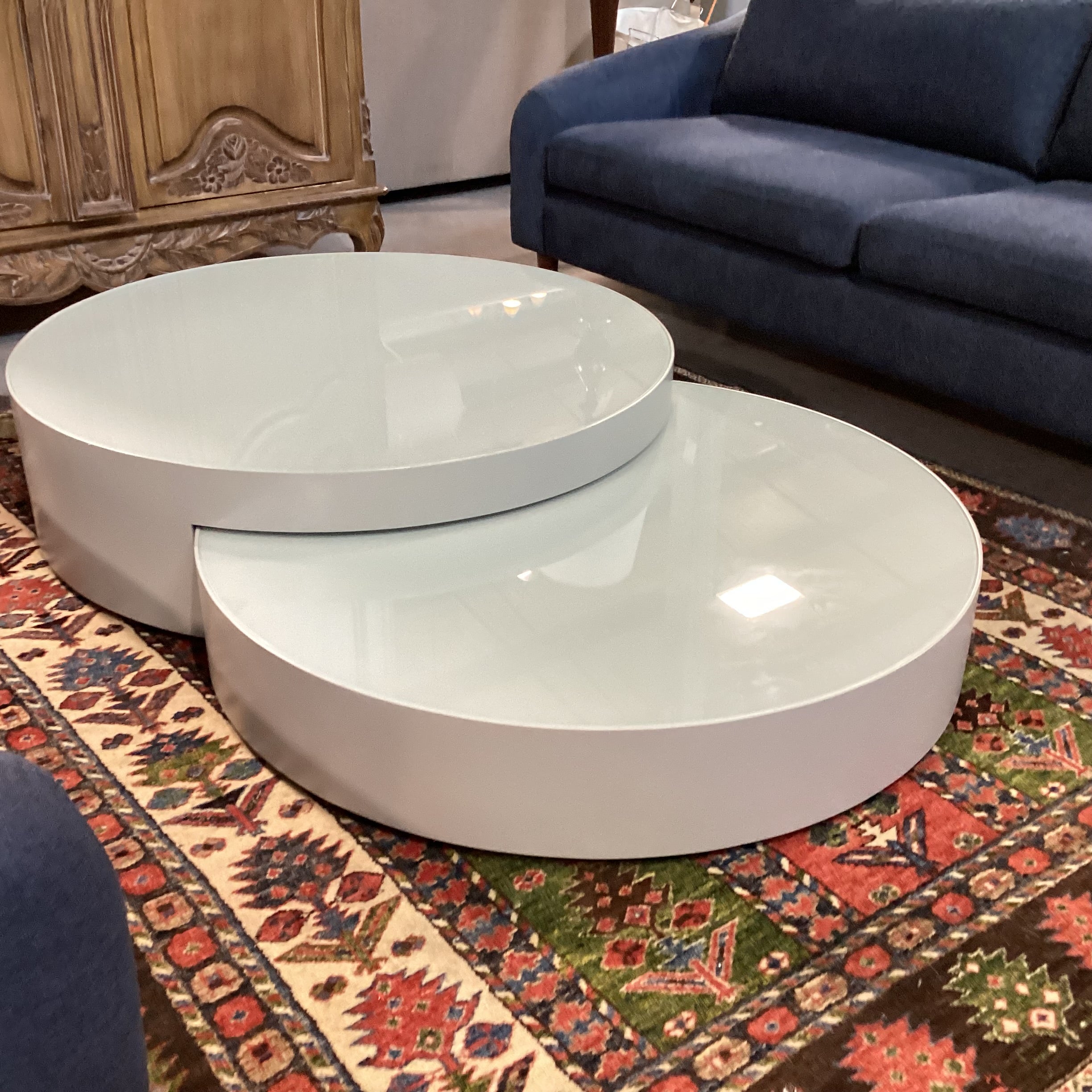 Modern Grey Lacquer & Glass Top Double Nesting Circles Coffee Table 67"x 43.5"x 12"