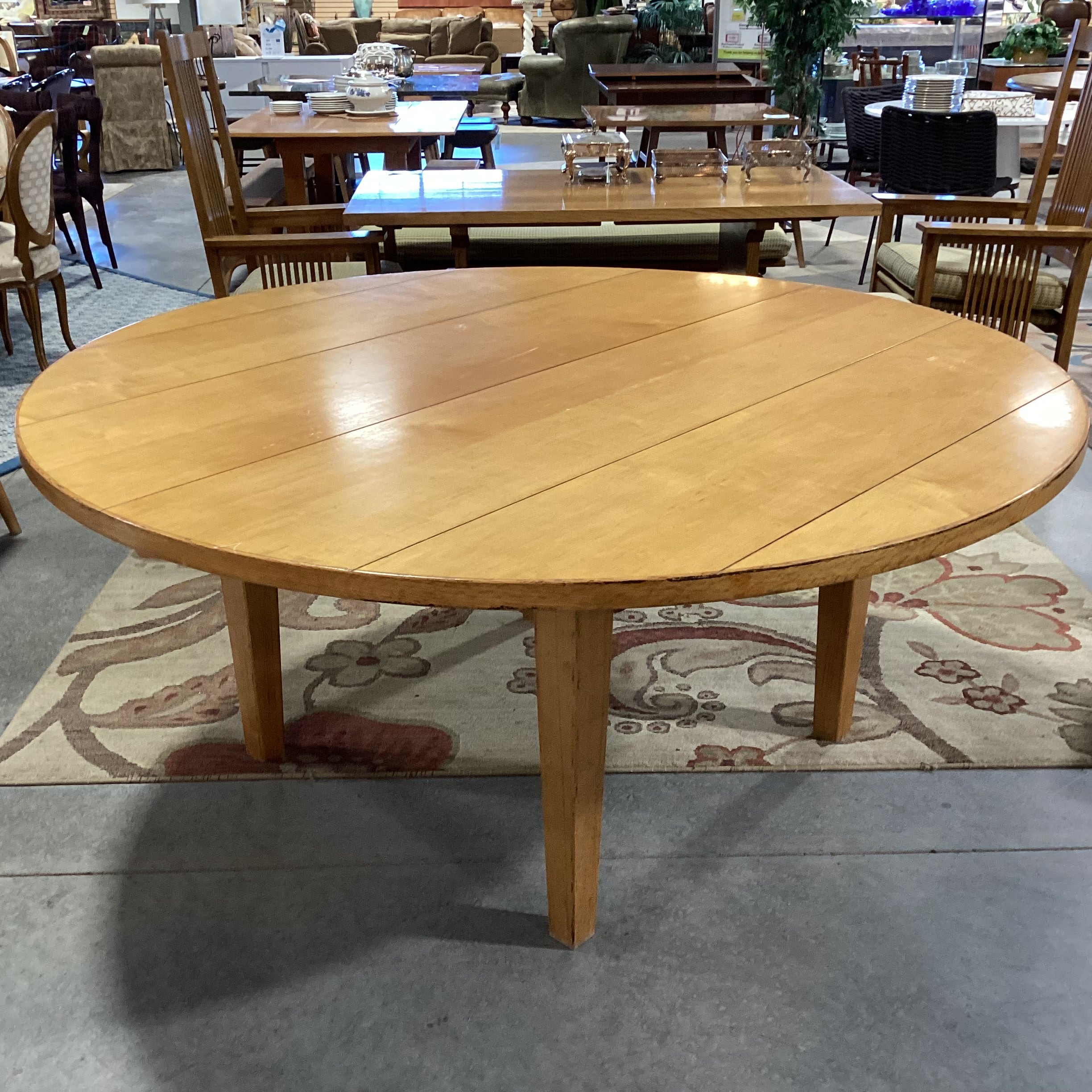 Round Light Distressed Plank & Carved Wood Dining Table 68" Diameter x 30"