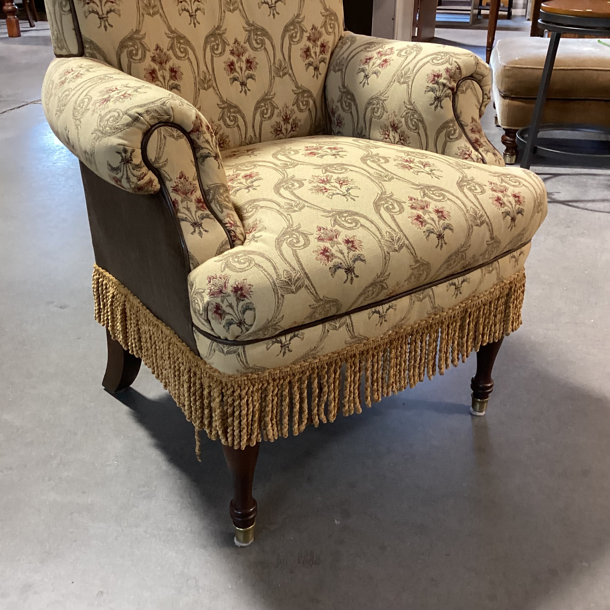 SET of 10 Custom Gold with Ornate Red Floral Leather & Fringe Roll Arm Back Dining Chairs 23"x 30"x 46"