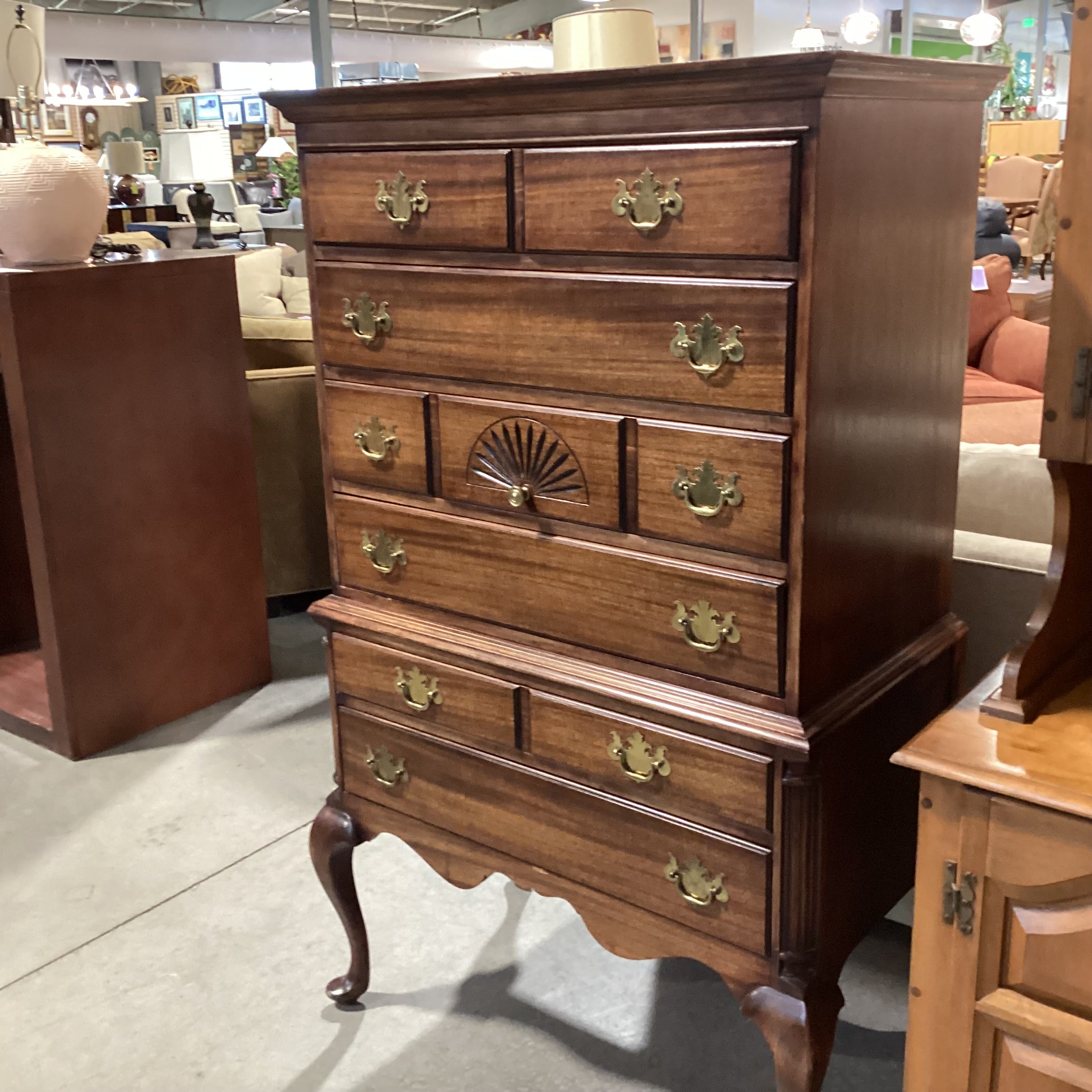 Vintage Antique Maddox Red Ribbon Mahogany 5 Drawer with Secretary Desk Pullout Chest Dresser 36"x 21"x 58"