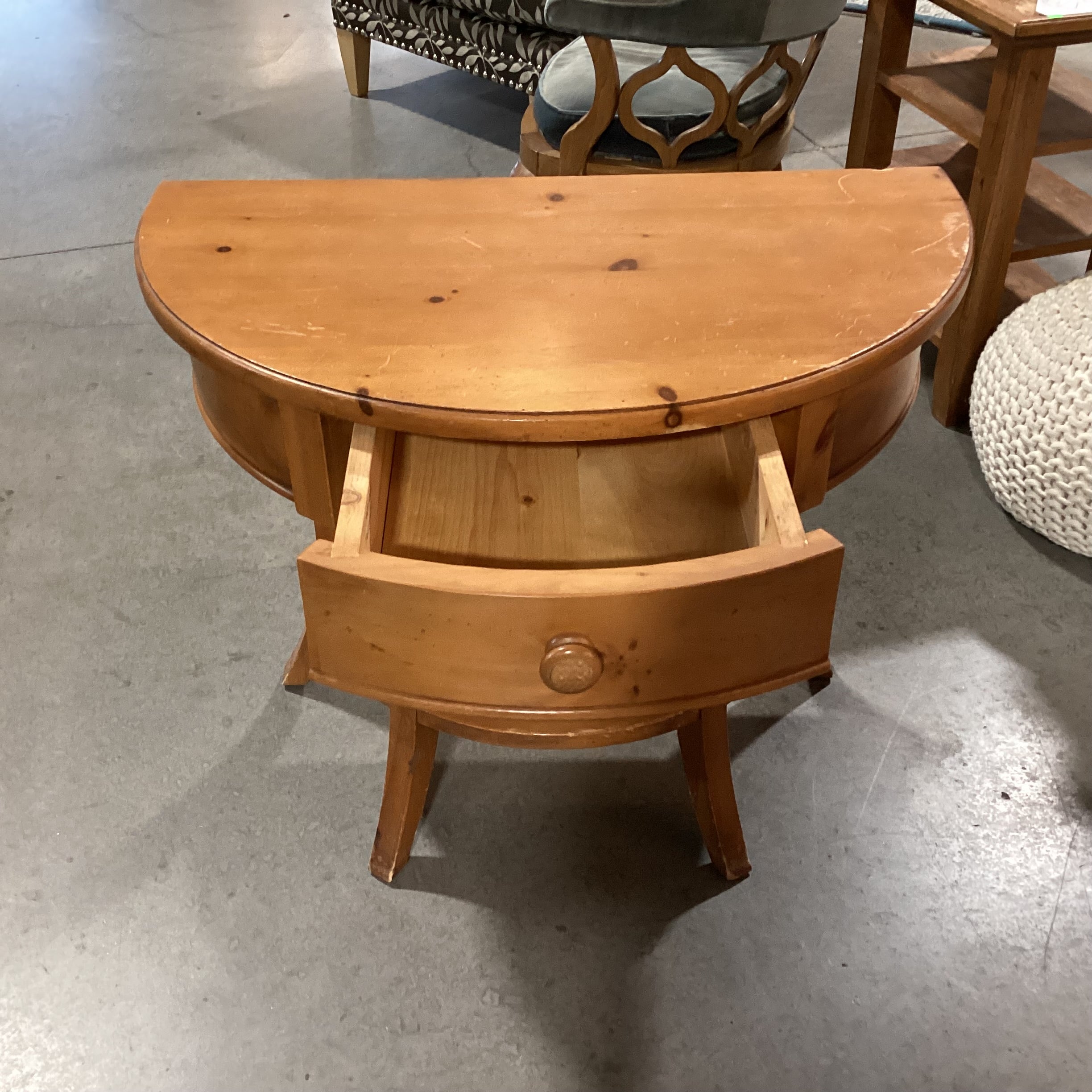 Brownwood Furniture Light Finished Distressed Pine Halfmoon 1 Drawer Accent Table 32.5"x 18.5"x 28"