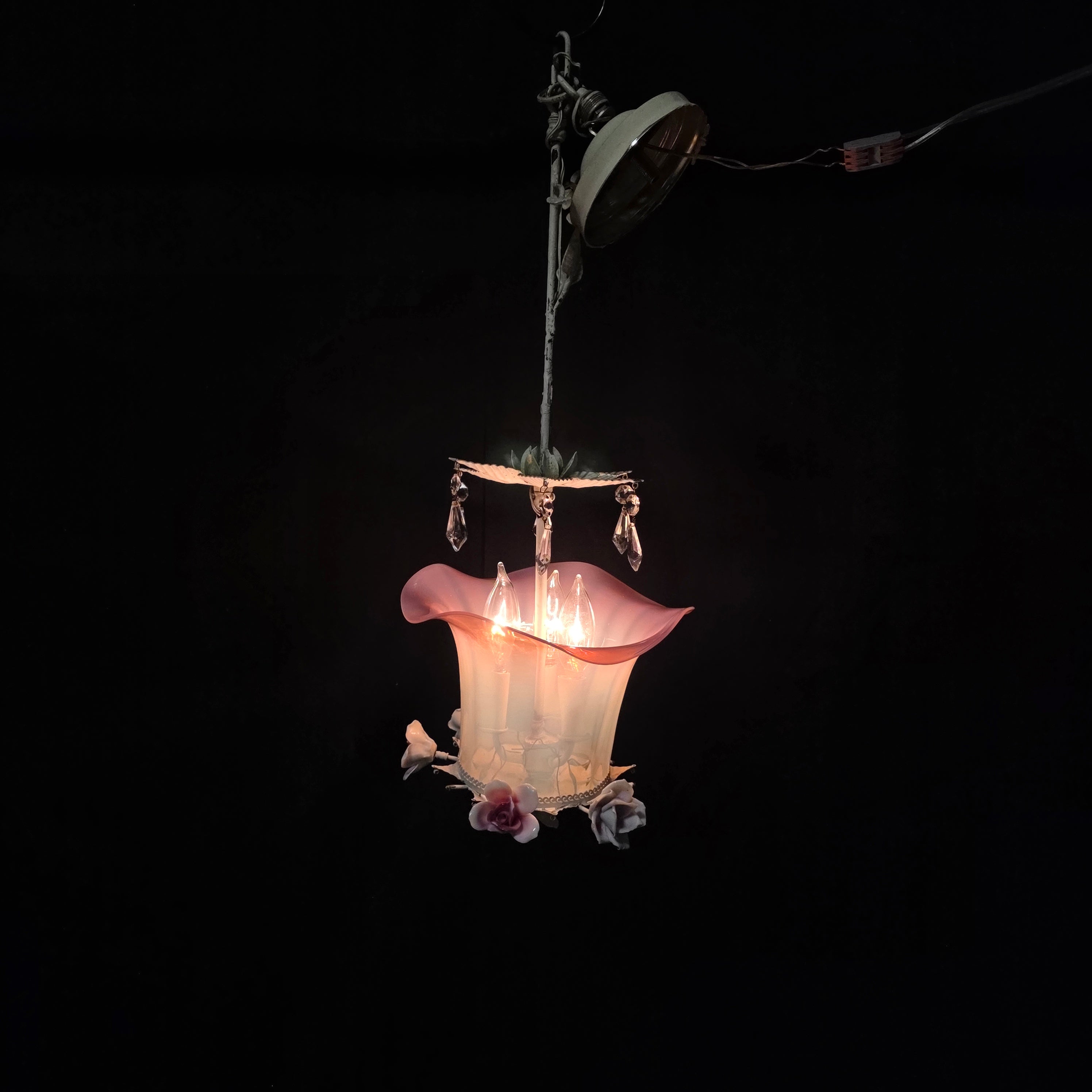 Vintage Burmese Pink Fenton Glass Rose Three Light Rose Chandelier with Crystals 10"Dx24"