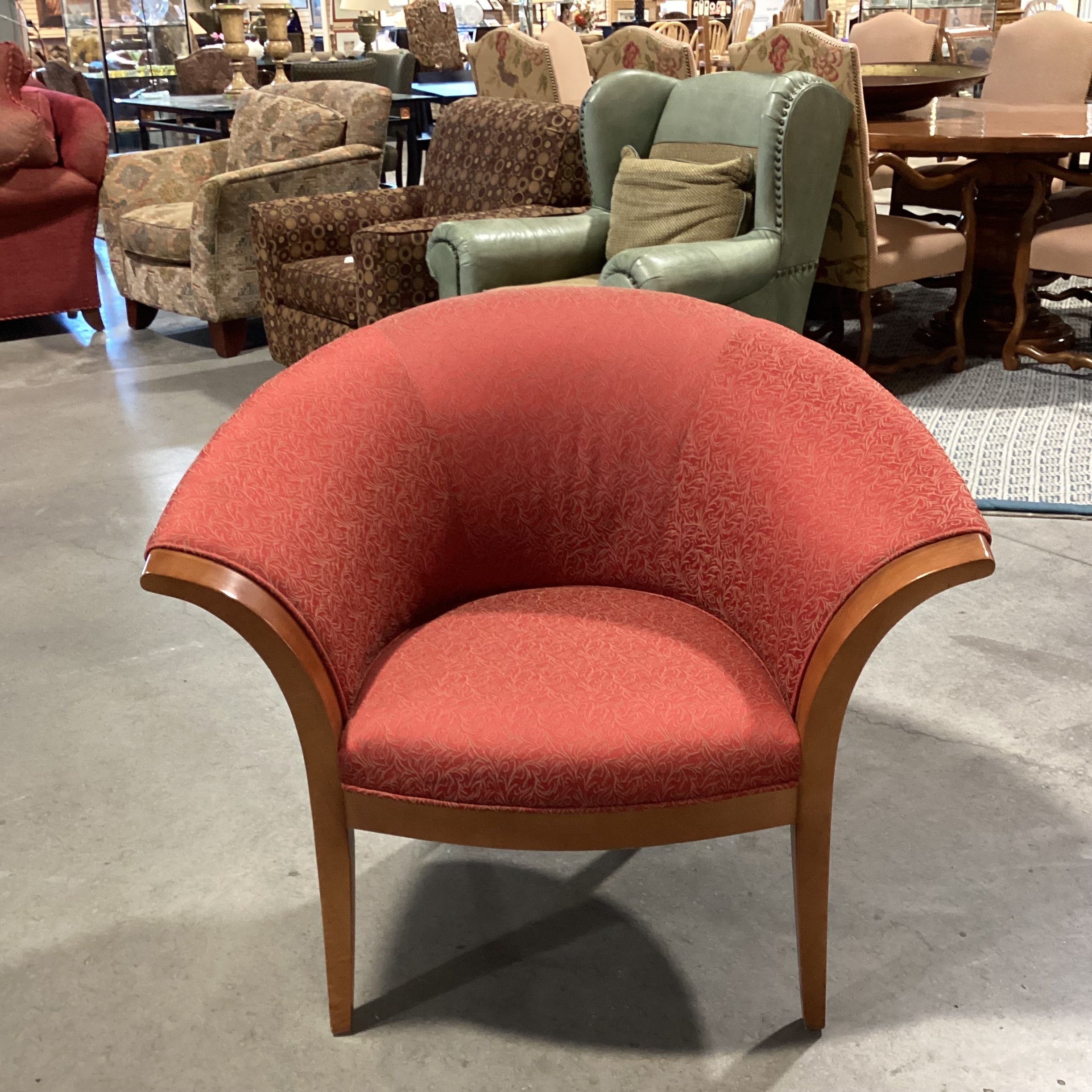 Vintage Haworth Fan Back Red &  Gold with Wood Frame Chair 38"x 32"x 32"