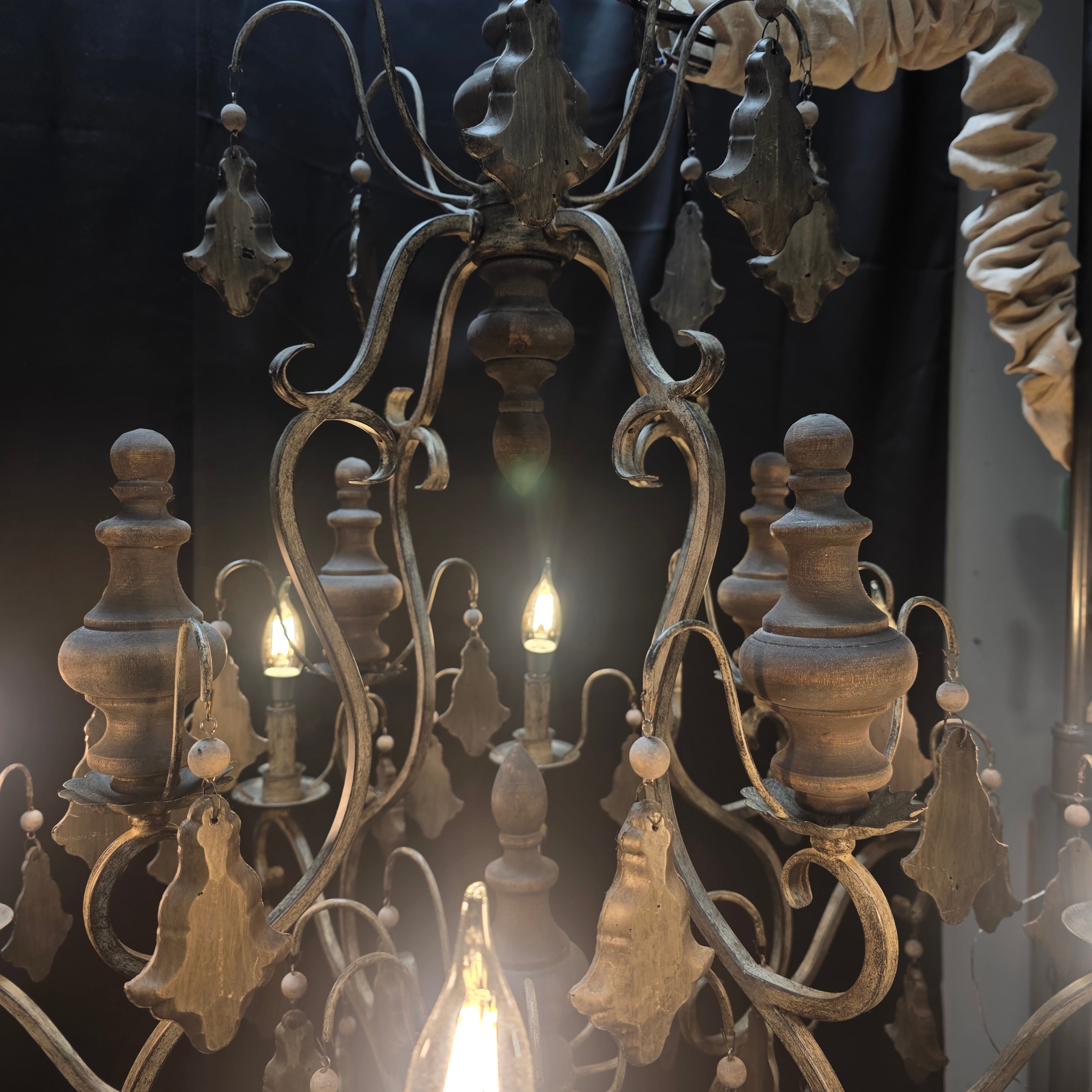 Ornate French Country Six Light Painted Glass Pendants Chandelier 33"x33"x44.5"