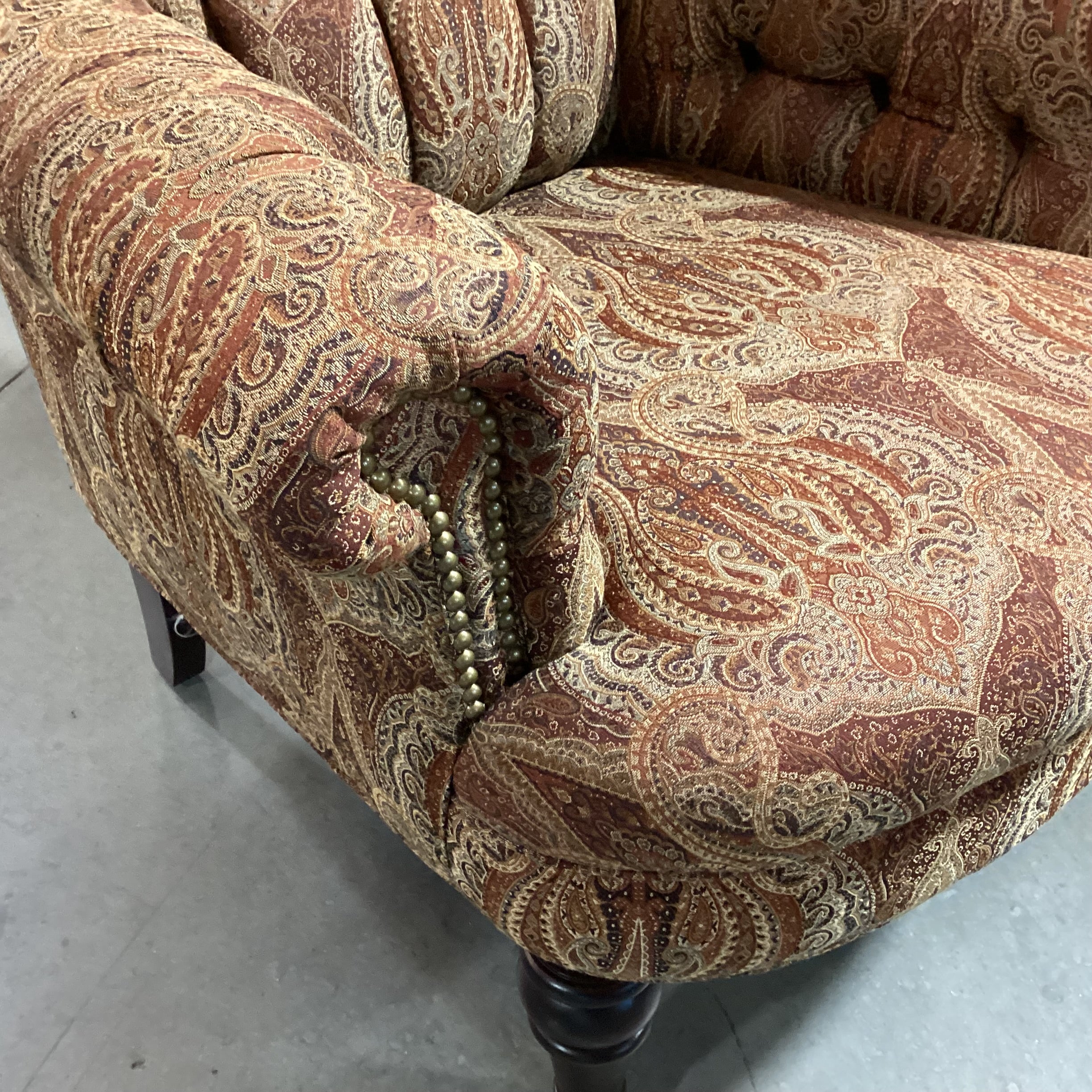 Custom Gold Rust Tan Ornate Paisley Tufted Nailhead with Carved Feet Chair 34"x 38"x 38"