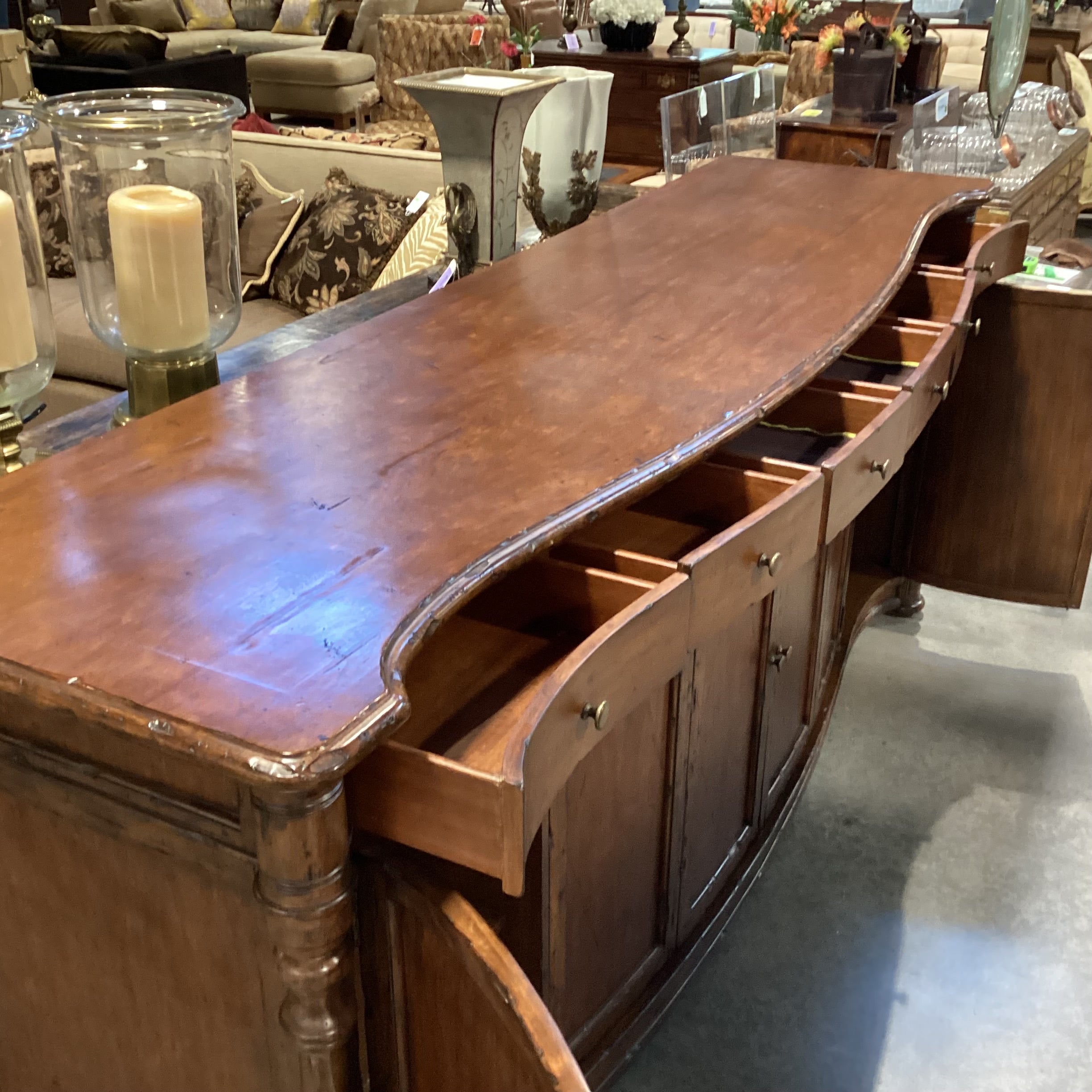Solid Distressed Finished Carved Wood 4 Door 6 Drawer Sideboard 100.5"x 27"x 43"