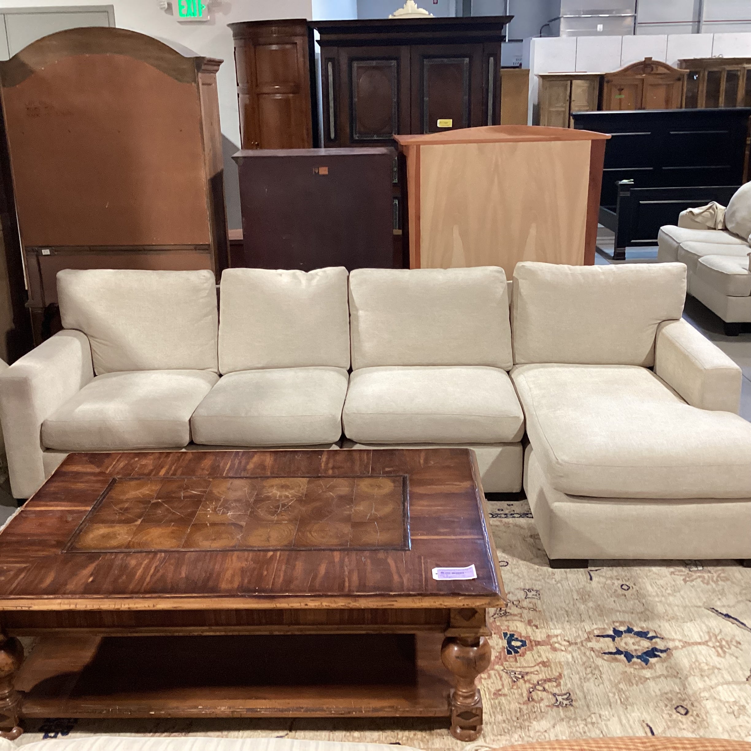 Custom Cream Heather Woven Track Arm 3 Piece with Chaise Sectional 126"x 66"x 42"x 32"