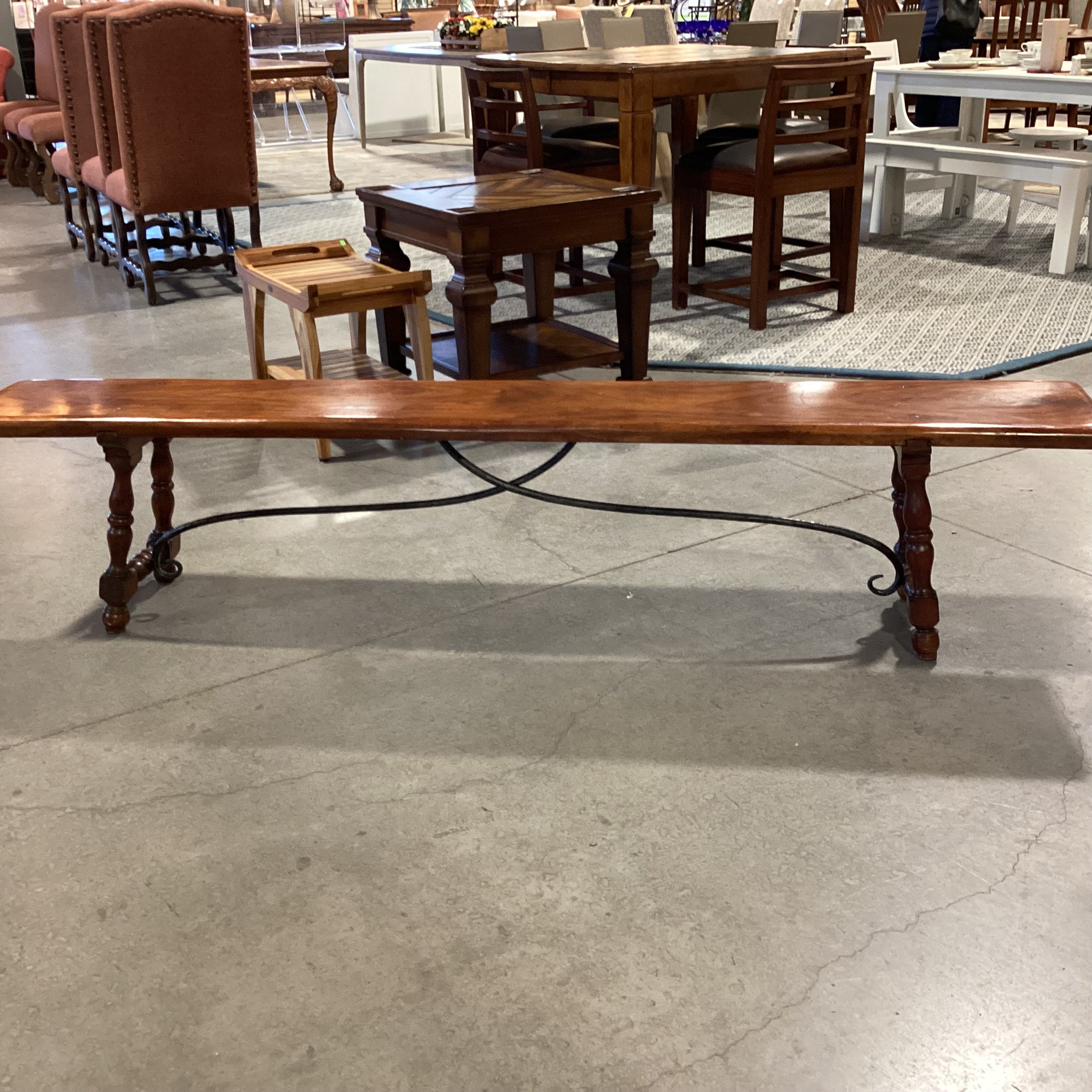 Finished Craved Wood with Iron Trestle Bench 84"x 12'x 18"